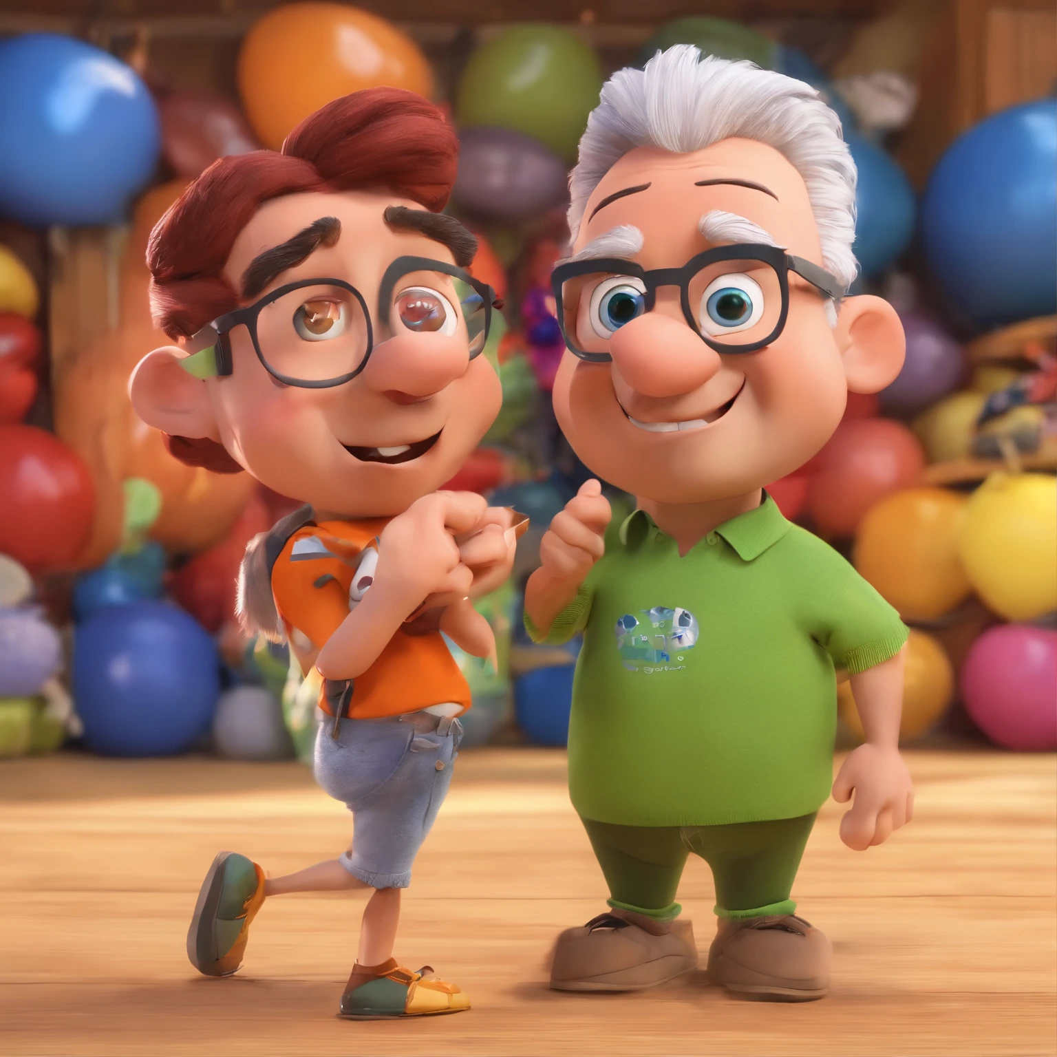 Crie um cartaz inspirado na Disney Pixar com o personagem sendo o deputado Keniston Braga, A white-haired man wearing glasses, the scene will have the distinct digital art style of Pixar. Focus on the characters' expressions, Vibrant colors and detailed textures showcase your animations, with the title " Keniston Braga no meio, Quero a cena dos principais filmes do PIXar