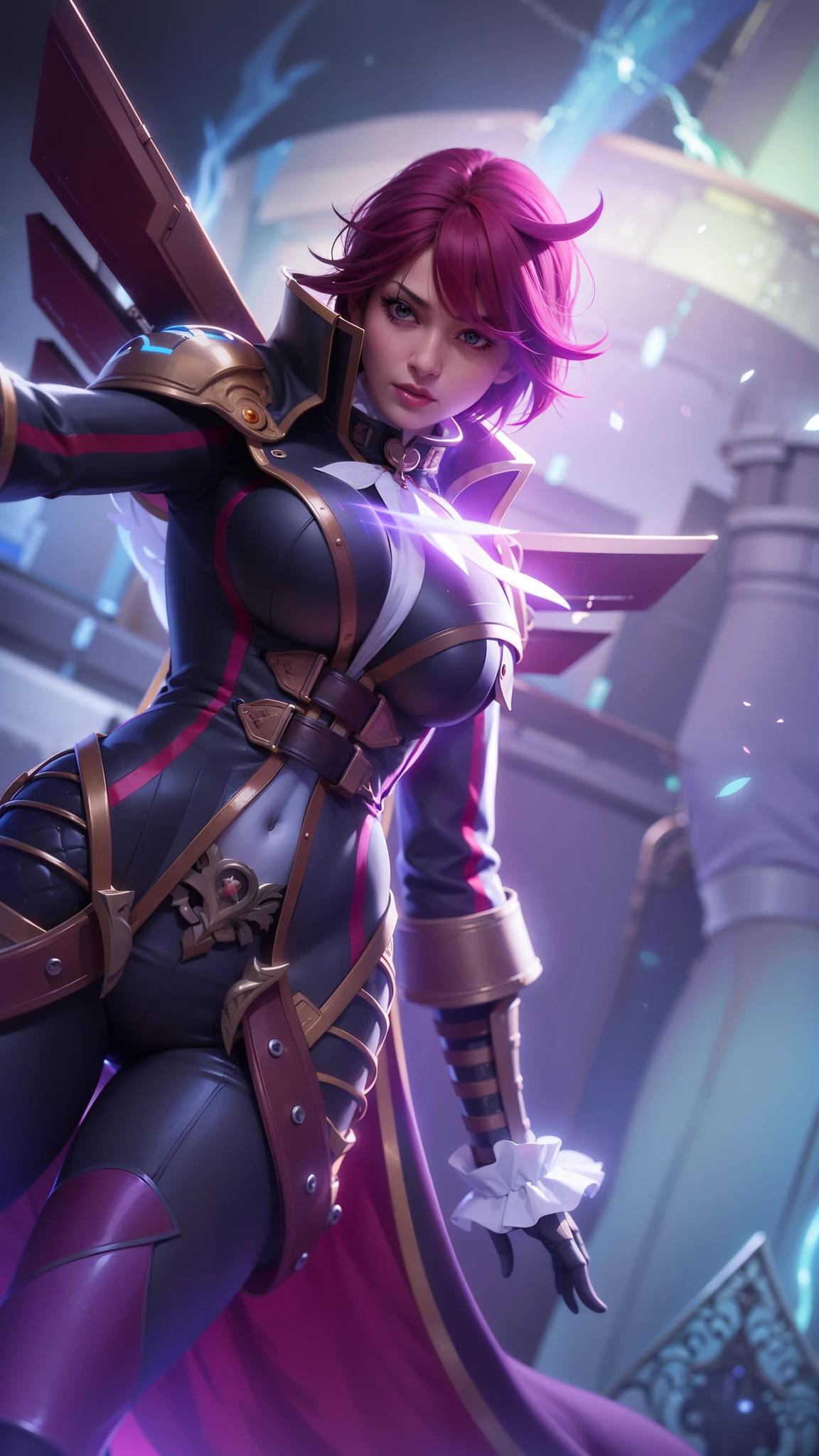 (female:1.2), 8k, ultra hd, ultra detailed texture, hyper realistic, masterpiece, detailed texture, detailed face, detailed skin, detailed lighting, (photorealistic:1.5), best quality, beautiful lighting, cinematic lighting, professional lighting, ultra highres, realistic, detailed hair, real hair, high quality, (realskin:1.5), extremely detailed, finely detail, ultra-detailed, 1girl, solo, floating, (red eyes), glowing eyes, red lips, v-shapped eyes, closed mouth, angry, colored skin, dark skin, purple skin, nose, pretty, beautiful, make up, evil smile, short hair, red hair bangs, large breasts, thigh, pauldrons, black pants, belt, purple coat, mechanical wings, armor shoulder, gloves, eudora \(mobile legends\), depth of field, looking aways, skin tight, amazing pose, glowing electric, lighting, cinematic background