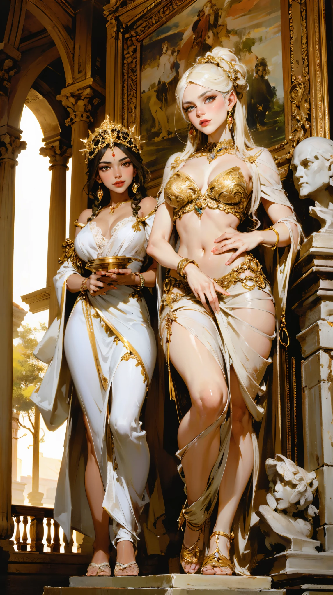araffe,Ancient Rome,seductive meretrix,beautiful detailed eyes,beautiful detailed lips,extremely detailed eyes and face,longeyelashes,plaster carving,dramatic lighting,highly detailed,baroque style,vivid colors,marble materials,classic sculpture,soft focus,street scene,glowing lanterns,mysterious atmosphere,colorful clothing,architecture details,decorative motifs,colorful mosaic,fountain,romantic sunset,stone pathway,palm trees,people in togas,ornate jewelry,elaborate hairstyles,elaborate makeup,romantic encounter,statues of gods,ornate columns,impressive arches,fresco paintings,expensive perfumes,fine wines,sensual music,seductive dance,tempting fruits.