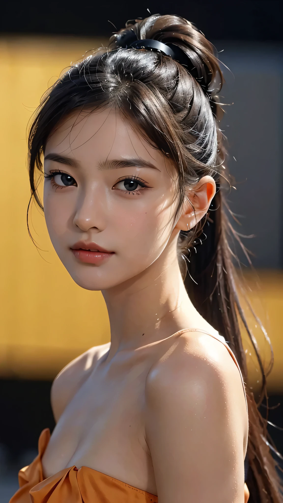 One woman,fully body photo,masutepiece, The highest image quality, High quality, the background is clear,Beautiful woman, Japanese, Detailed, Detailed eyes, Detailed skin, Beautiful skin, 超hight resolution, (reality: 1.4),Very beautiful woman, Slightly younger face, Beautiful skin, slender, (Ultra photo realsisim), (hight resolution), (8K), (Very detailed) (beautifully detailed eyes), (super detailed), (Detailed face), view the viewer, Fine details, Detailed face, Staring straight ahead, Staring straight ahead, photos realistic, Bright lighting, Professional Lighting, Black hair,poneyTail,a baby face,sixteen years old,Hairstyle is ponytail,long ponytail hairstyle,slight smile,Orange colored long dress with lots of ruffles, softly shaped skirt,Spotlight on stage,close-up of face,