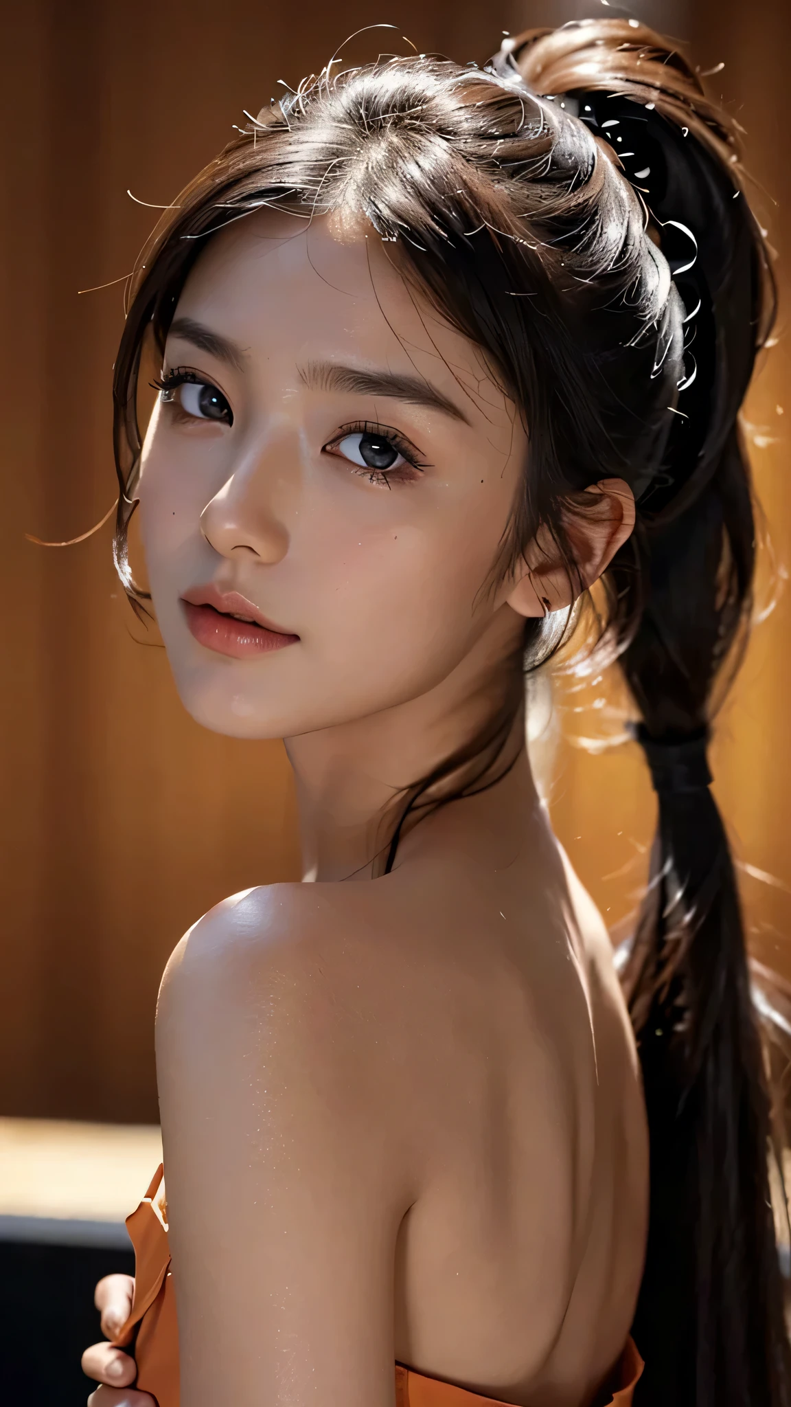 One woman,fully body photo,masutepiece, The highest image quality, High quality, the background is clear,Beautiful woman, Japanese, Detailed, Detailed eyes, Detailed skin, Beautiful skin, 超hight resolution, (reality: 1.4),Very beautiful woman, Slightly younger face, Beautiful skin, slender, (Ultra photo realsisim), (hight resolution), (8K), (Very detailed) (beautifully detailed eyes), (super detailed), (Detailed face), view the viewer, Fine details, Detailed face, Staring straight ahead, Staring straight ahead, photos realistic, Bright lighting, Professional Lighting, Black hair,poneyTail,a baby face,sixteen years old,Hairstyle is ponytail,long ponytail hairstyle,slight smile,Orange colored long dress with lots of ruffles, softly shaped skirt,Spotlight on stage,close-up of face,
