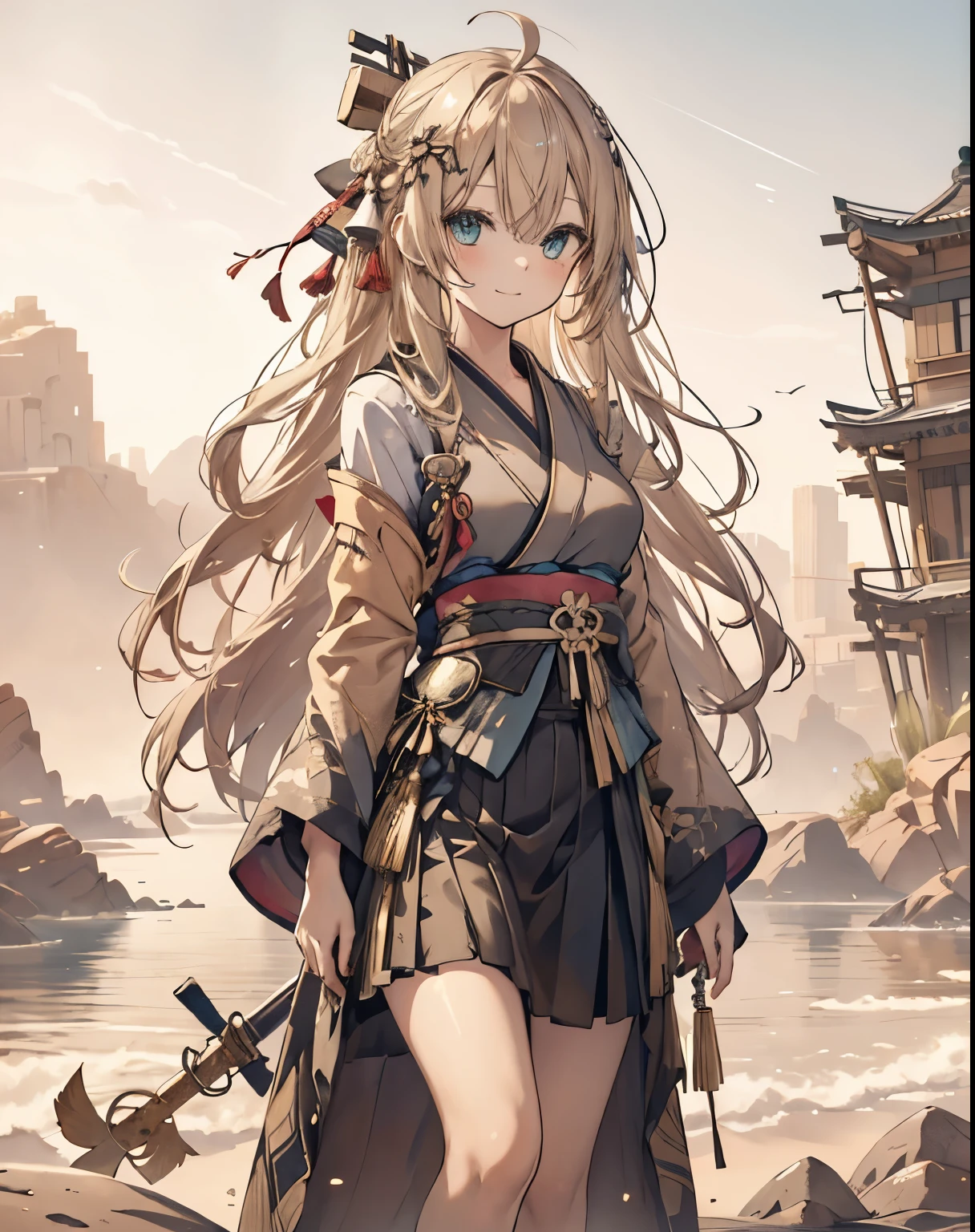 masterpiece,1girl, sparrow, a blonde haired girl, wearing a golden japanese kimono, long hair, messy hair, black skirt, slim body, small breasts, she close her left eye, shirt ornament, lolippai, innocent expression, beautiful breasts, rounded breasts, aqua eyes, dress, long skirt, standing above a rock, ahoge, hair ribbon, princess, innocent smile, plaid skirt