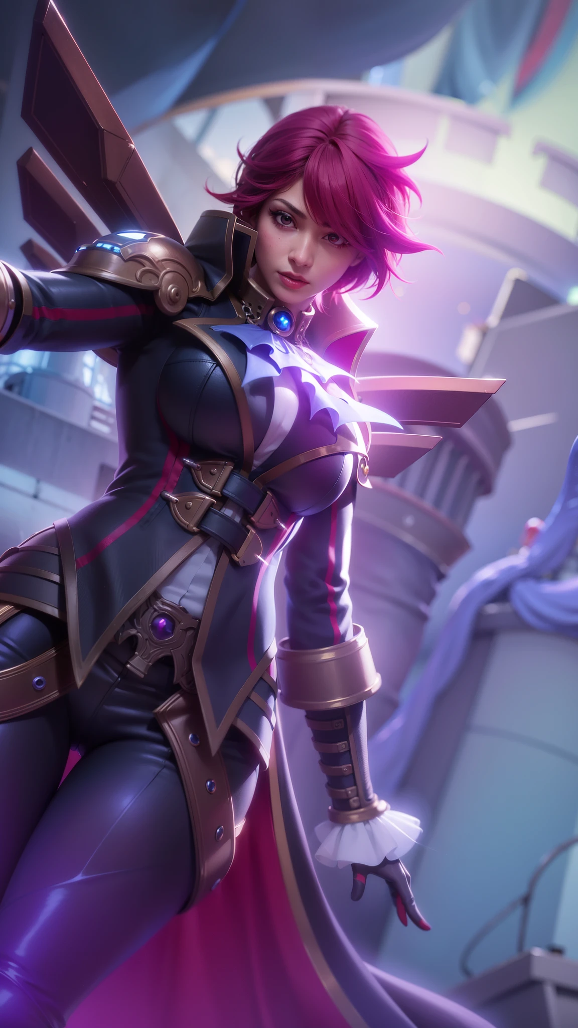 (female:1.2), 8k, ultra hd, ultra detailed texture, hyper realistic, masterpiece, detailed texture, detailed face, detailed skin, detailed lighting, (photorealistic:1.5), best quality, beautiful lighting, cinematic lighting, professional lighting, ultra highres, realistic, detailed hair, real hair, high quality, (realskin:1.5), extremely detailed, finely detail, ultra-detailed, 1girl, solo, floating, (red eyes), glowing eyes, red lips, v-shapped eyes, closed mouth, angry, colored skin, dark skin, purple skin, nose, pretty, beautiful, make up, evil smile, short hair, red hair bangs, large breasts, thigh, pauldrons, black pants, belt, purple coat, mechanical wings, armor shoulder, gloves, eudora \(mobile legends\), depth of field, looking aways, skin tight, amazing pose, glowing electric, lighting, cinematic background