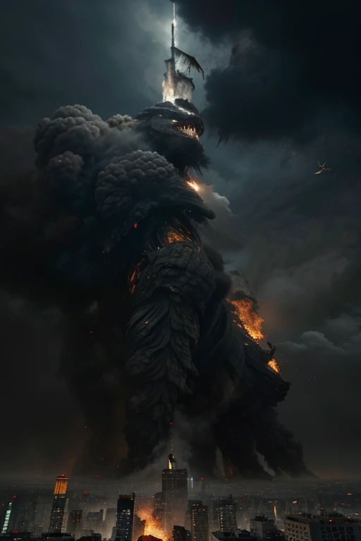 (best quality,4k,8k,highres,masterpiece:1.2),ultra-detailed,realistic, Godzilla emerging from the depths of the ocean, towering over the city skyline and breathing fire, city destruction, scale-like textures, fiery explosions, dramatic lighting, apocalyptic landscape, epic battle, monster rampage, chaos and destruction, terrified crowd running in the streets, skyscrapers crumbling, billowing smoke and dust, dramatic camera angles, roaring and earth-shattering sounds, debris flying through the air, destruction on a massive scale, crumbling infrastructure, devastated cityscape, Godzilla's fierce, detailed scales and skin, intense heat and smoke, epic showdown between Godzilla and military forces, Japanese-inspired art style, vibrant colors, cinematic atmosphere, dynamic movement, monstrous proportions.