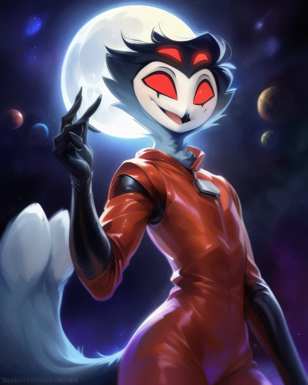 (furry art, upload on e621), ((stolas)), (anthro, furry), (open mouth), sfw, (red spacesuit, glass space helmet, black gloves, elbow gloves, (moon background), low angle view, short hair, black hair, white face, four eyes, girly, (skinny), smile, happy, red eyes, 1boy, black legs, solo, (tail), extra eyes, (tall), (standing), masterpiece, (best quality:1.2), sharp image, detailed image, colorful, vibrant colors, detailed face, perfect lighting, perfect shadows, perfect eyes, perfect face, (detailed background, depth of field), (4k, 2k, shaded, absurd res),, 8k hd, (by zackary911, by darkgem), by syuro, (by kenket), by Pino Daeni, by Ruan Jia, by Shiitakemeshi, by Alayna Lemmer, by Carlo Galli Bibiena,