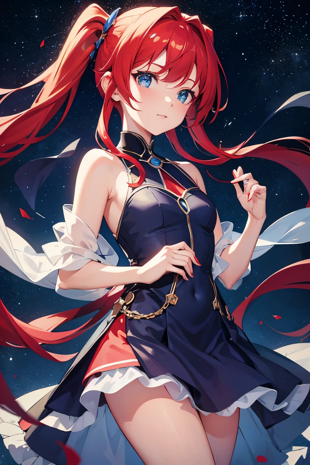 starry sky　fantasy　streamlined　red hair in the middle　Deep blue accessories