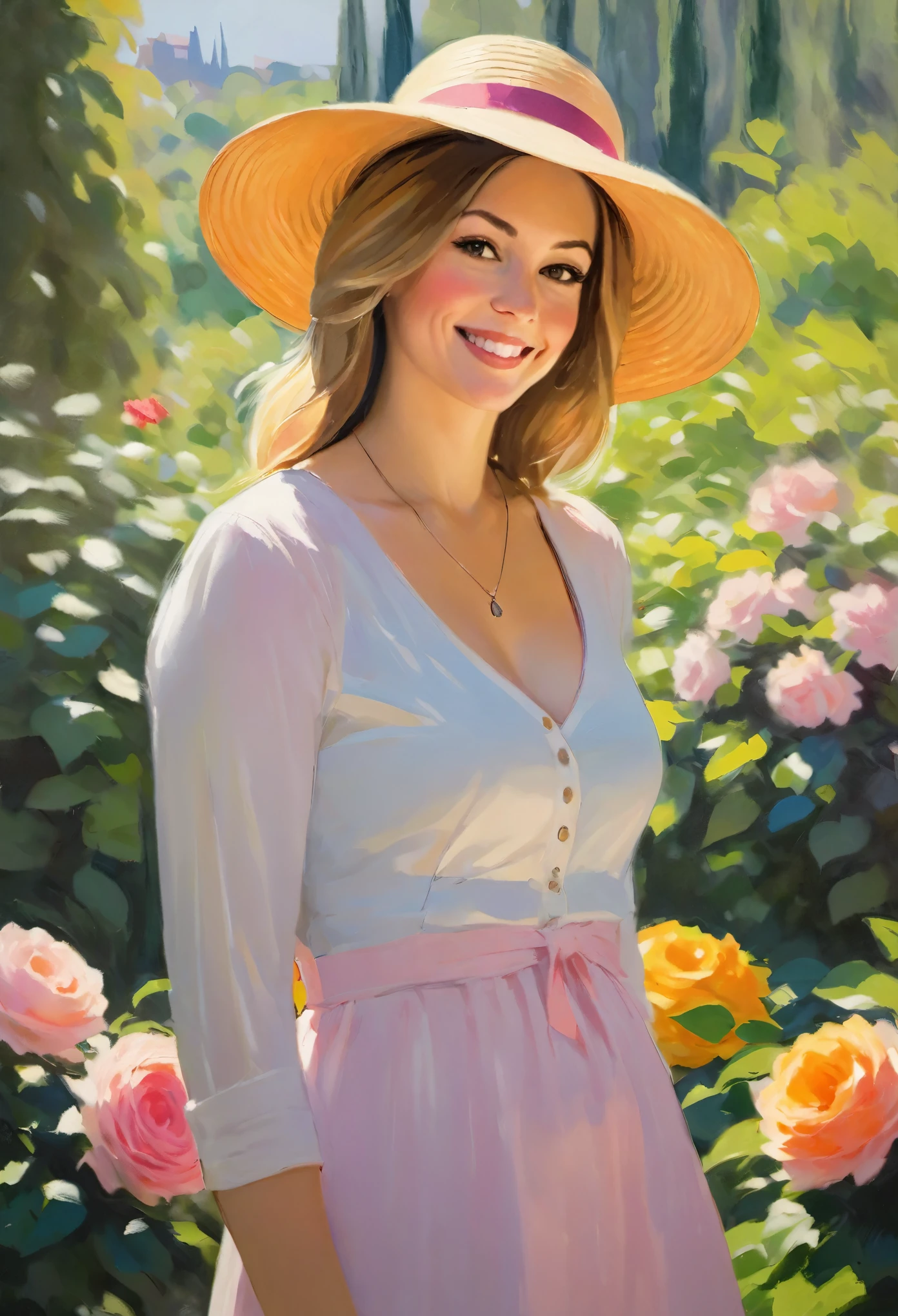Portrait of a smiling woman, 40 years old, fat body,
with straight dark blonde hair down to her shoulders and a hat, surrounded by a lush, impressionistic garden. The scene is rendered in a digital oil painting style, reminiscent of Claude Monet's impressionist touch. Brushstrokes should be visible and vibrant, with a rich palette of greens, yellows, pinks and oranges to evoke the beauty of a sunlit floral setting. The woman's expression is one of contentment and joy, capturing the natural beauty and serenity of the garden around her. The artwork should be filled with light and color, reflecting Monet's focus on capturing the momentary effects of light in his work.