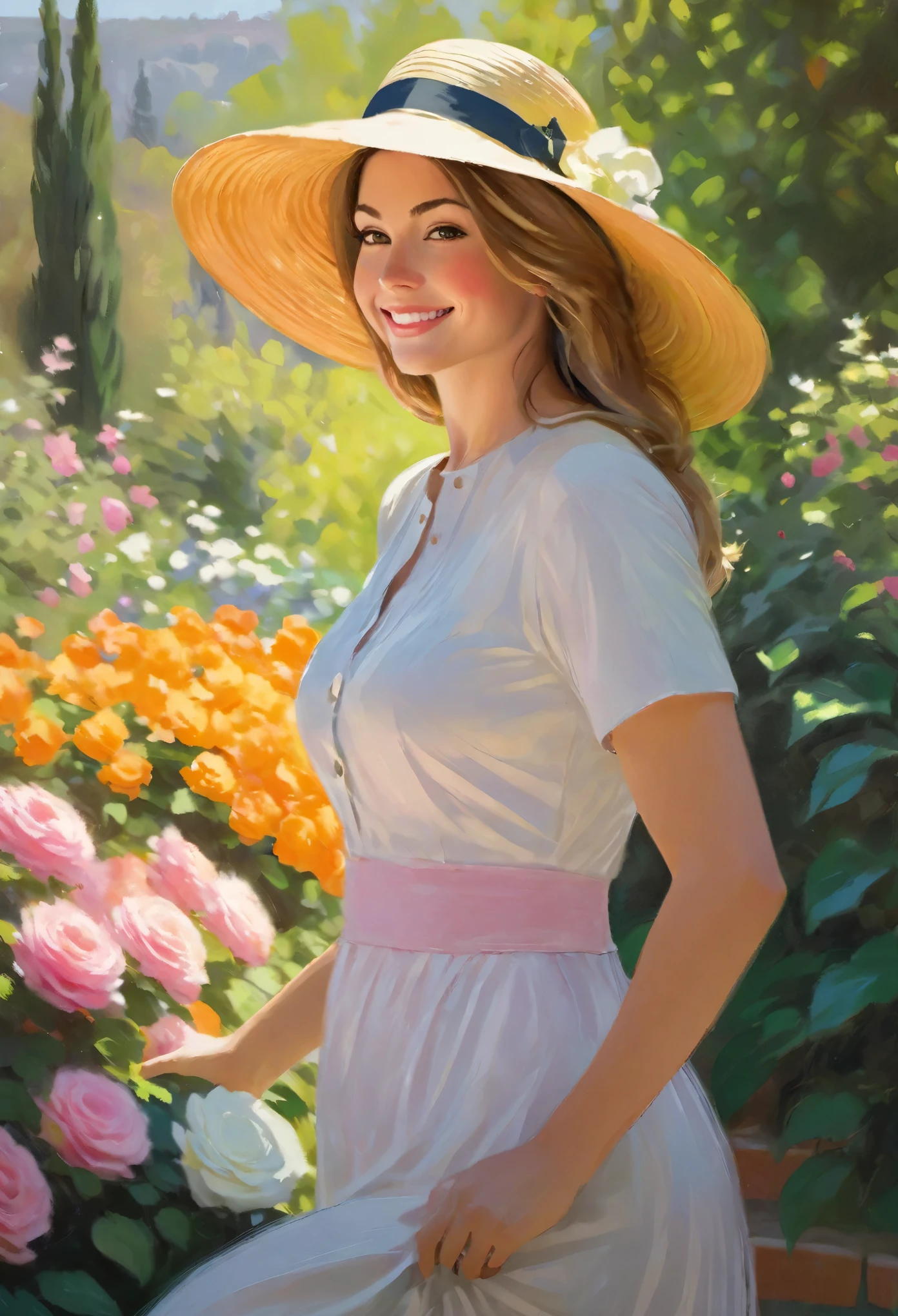 Portrait of a smiling woman, 40 years old, fat body,
with straight dark blonde hair down to her shoulders and a hat, surrounded by a lush, impressionistic garden. The scene is rendered in a digital oil painting style, reminiscent of Claude Monet's impressionist touch. Brushstrokes should be visible and vibrant, with a rich palette of greens, yellows, pinks and oranges to evoke the beauty of a sunlit floral setting. The woman's expression is one of contentment and joy, capturing the natural beauty and serenity of the garden around her. The artwork should be filled with light and color, reflecting Monet's focus on capturing the momentary effects of light in his work.