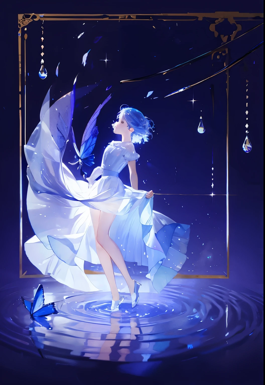 1 girl, transparent water, blue butterfly, pure white gauze skirt, sparkling