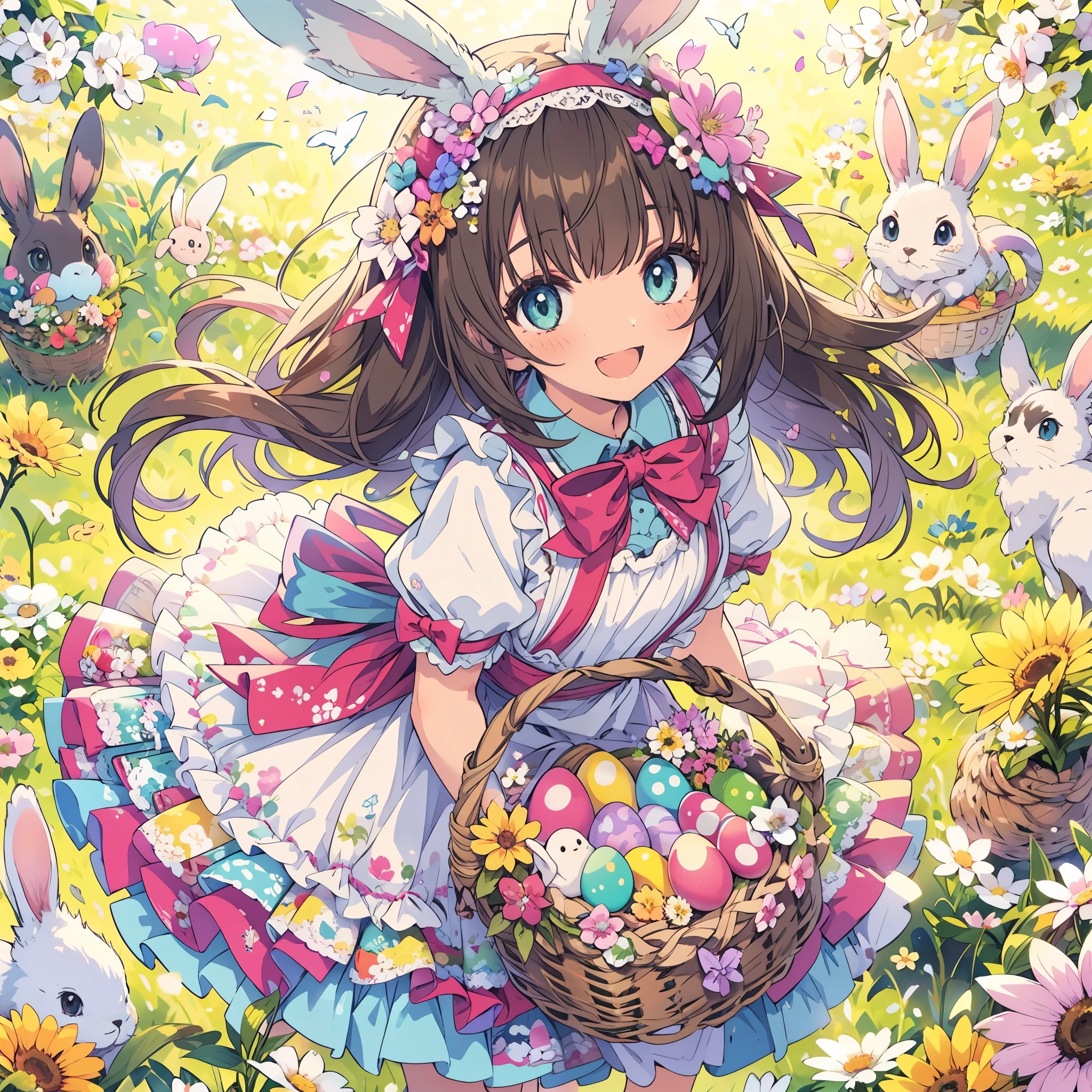 (masterpiece), best quality, On a bright spring day, in a meadow full of flowers, a girl in colorful dress and white_apron, holds a basket of easter egg with rabbits around her, easter, easter egg, rabbit, flower, smile, floral print, dress, basket, frills, bow, looking at viewer, frilled dress, from above, Colorful portraits