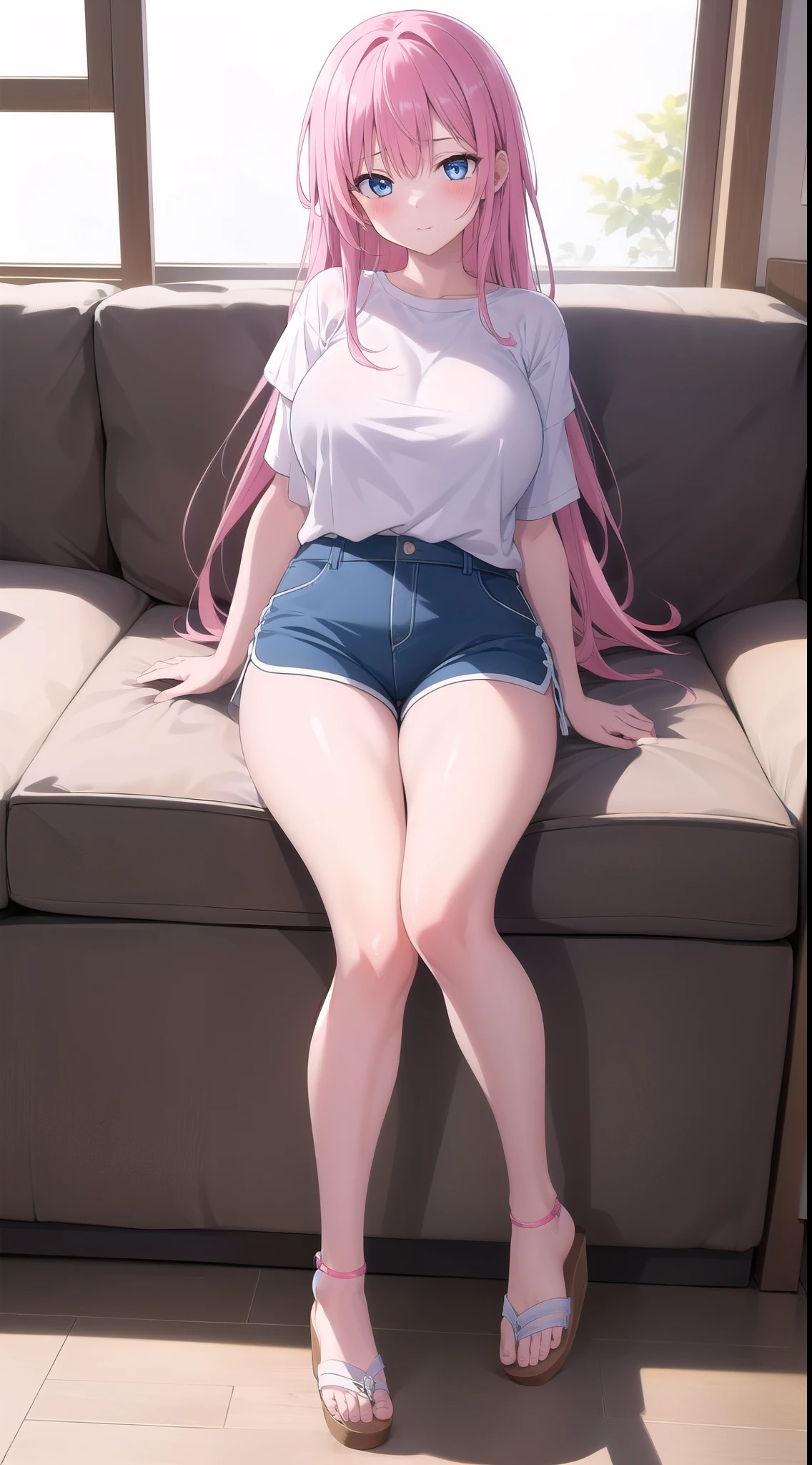 blue_shorts, white_shirt, sandals, masterpiece, best quality, 8k wallpaper, 1girl, beautiful detailed eyes, 1girl, solo, long_hair, looking_at_viewer, blush, pink_hair, blue_eyes, big_breasts,