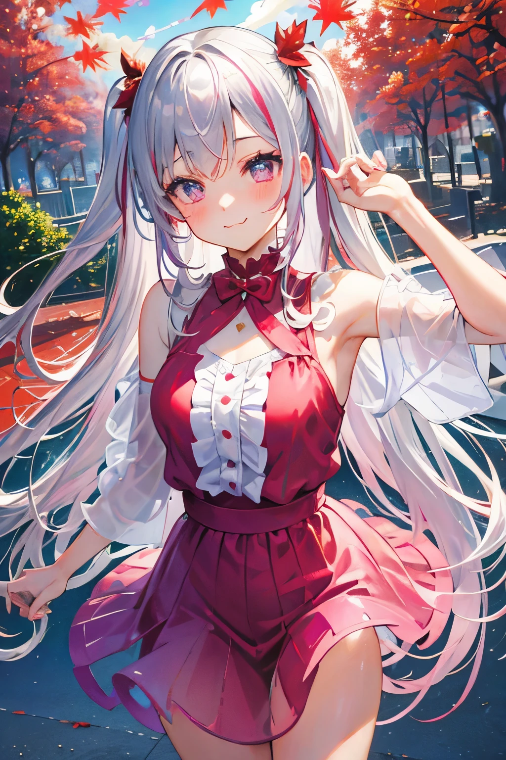 (rainbow colored hair, colorful hair, half silver、half pink hair: 1.2), ,long hair、(Cinematic digital artwork: 1.3), high quality, table top, Turquoise eyes、最high qualityの, Super detailed, figure, [4K digital art]!!、 Kyoto animation style, one woman, clavicleの美しさ, clavicle, light, want, blue sky, positive, Dead leaves dance、full moon、((wine red color、purple maple leaf、transparent silver dress sedan sexy clothes))、scarlet polka dot unset, motivation, shine, dynamic perspective、Blue glasses、Green ribbon、twin tails、embarrassed face、cute face、happy face