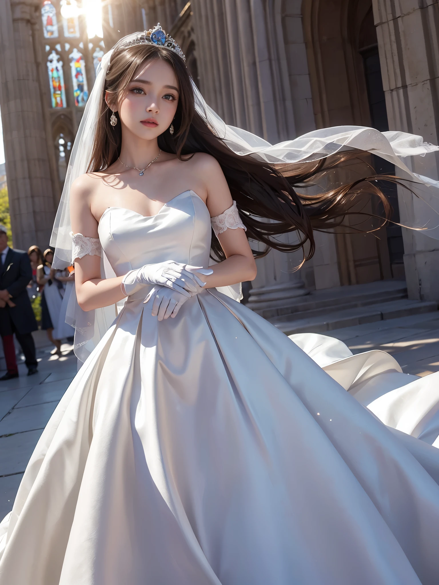 1 girl, (yak), cute , shiny lips, sweet, sun glare, Conservative attire, wedding dress, white gloves, bridal tiara, depth of field, blurred background, Cathedral Background, light particles, strong wind, head tilt, long hair,
