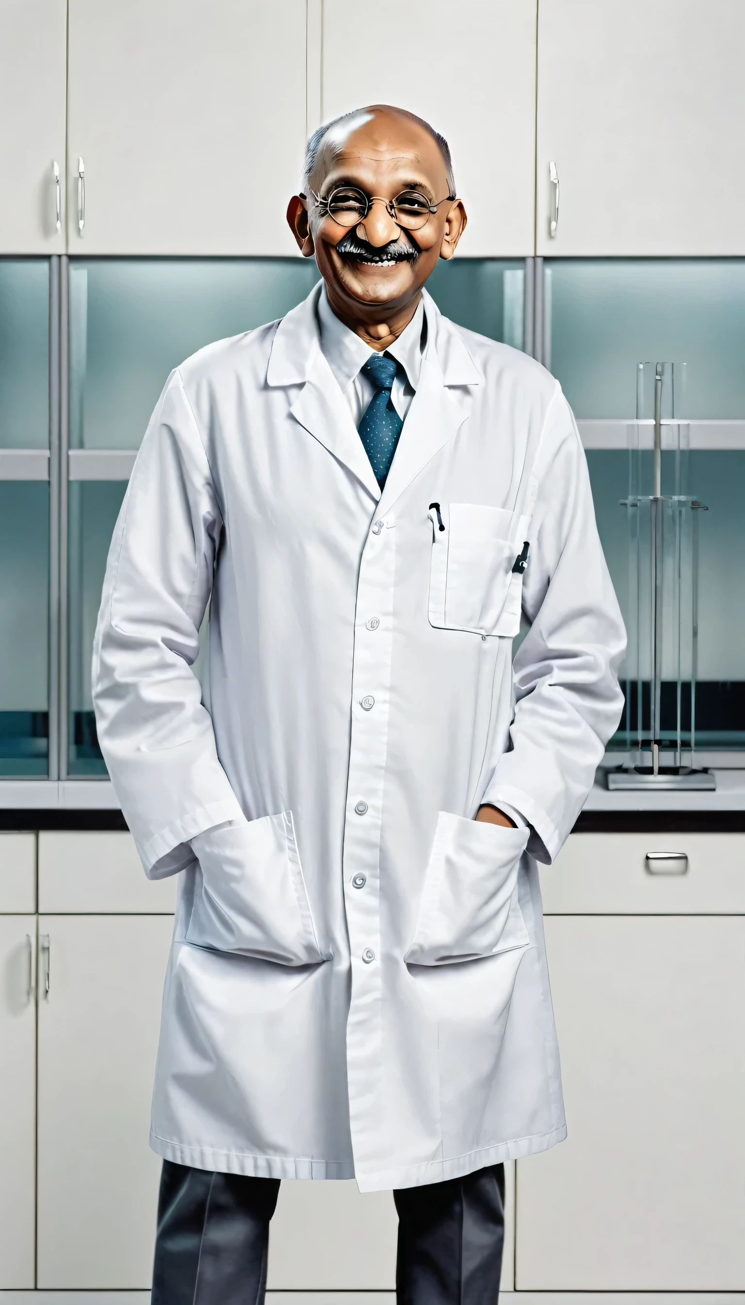 A full body portrait of Mahatma Gandhi as a lab technician, in lab coat, smiling, photorealistic image