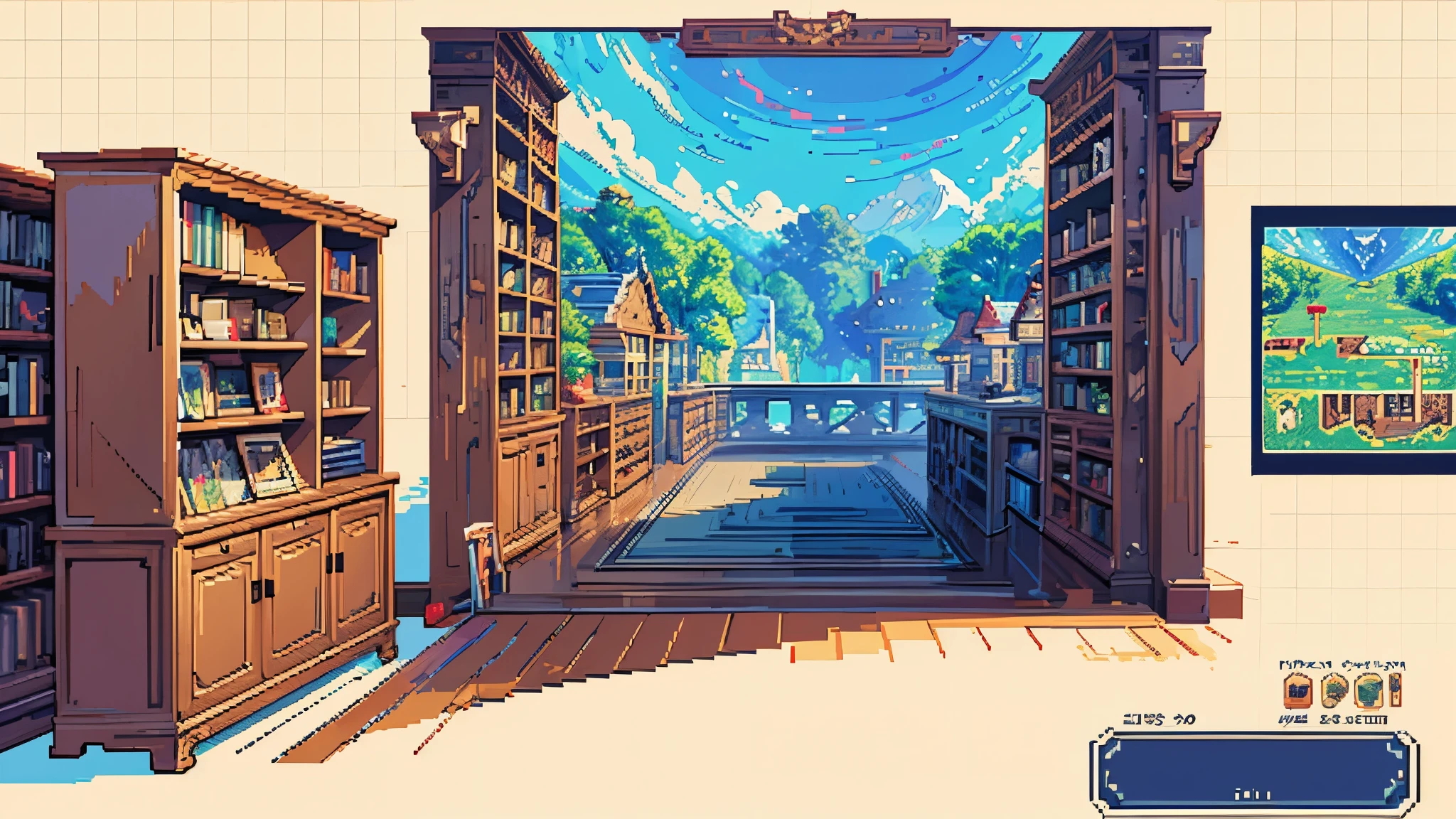 best quality, ((detailed background:1.2)), 8k anime、 bookshelf, ((Pixel Art:1.2))、Library,
