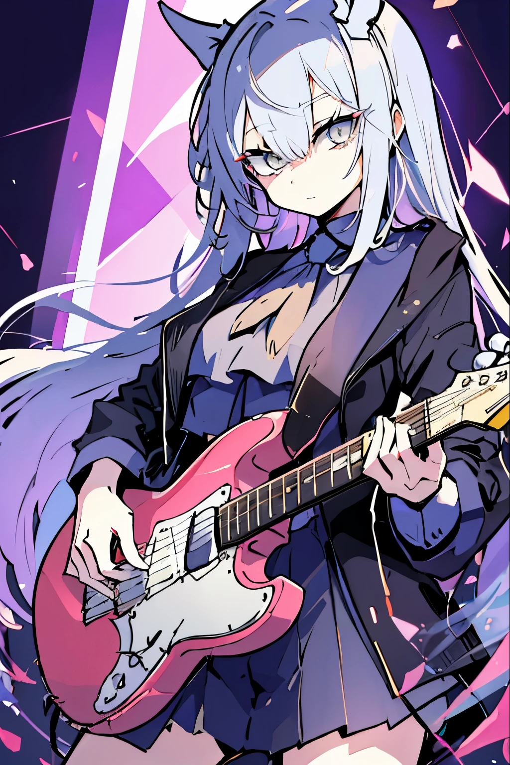 ((masutepiece)), ((Best Quality)), (Ultra-detailed), Anime style, Live performance venue, Cute s, 1girl in, Solo, Playing the guitar 00, ((Beautiful eyes))0, Smile,(((yellow eyes))),