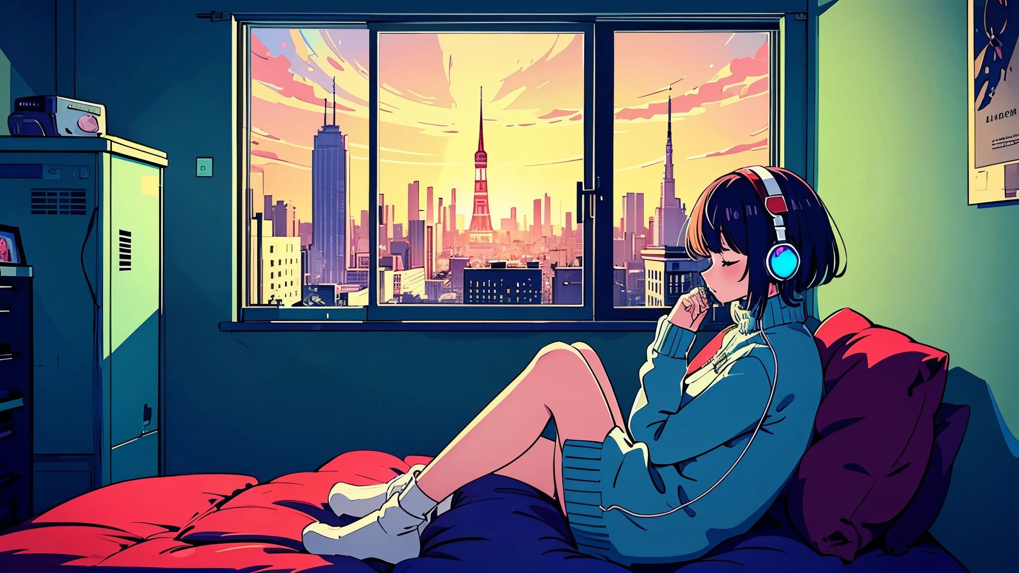 detailed anime girl, wearing a large sweater, wearing headband headphones, praise, quiet, quiet雰囲気, horrifying, Looking at the window in her bedroom, The cat is sleeping、night, quiet night, masterpiece, highest quality