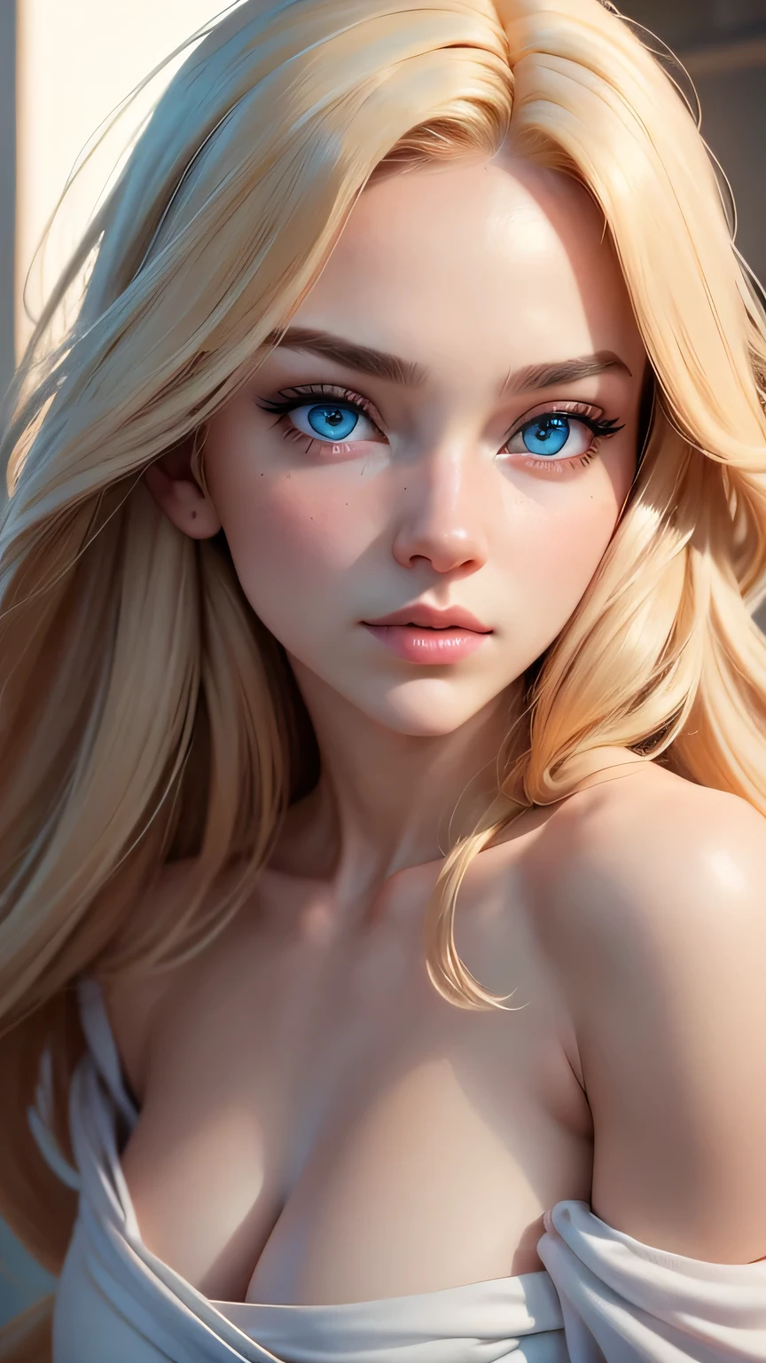 1girl, solo, looking at viewer, makeup, mid day, (realistic:1.2), (realism), (masterpiece:1.2), (best quality), (ultra detailed), (8k, 4k, intricate),(full-body-shot:1), (85mm), lighting, (highly detailed:1.2),(detailed face:1.2), (gradients), sfw, colorful,(detailed eyes:1.2)(detailed background),detailed, (dynamic angle:1.2), (dynamic pose:1.2), (rule of third_composition:1.3), (Line of action:1.2). Beautiful woman, bedroom background, blue eyes, blond hair, large breasts, wrapped in a white bath towel