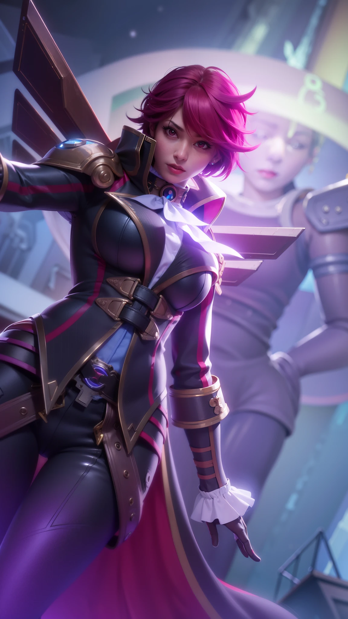 (female:1.2), 8k, ultra hd, ultra detailed texture, hyper realistic, masterpiece, detailed texture, detailed face, detailed skin, detailed lighting, (photorealistic:1.5), best quality, beautiful lighting, cinematic lighting, professional lighting, ultra highres, realistic, detailed hair, real hair, high quality, (realskin:1.5), extremely detailed, finely detail, ultra-detailed, 1girl, solo, floating, (red eyes), glowing eyes, red lips, v-shapped eyes, closed mouth, angry, colored skin, dark skin, purple skin, nose, pretty, beautiful, make up, evil smile, short hair, red hair bangs, large breasts, thigh, pauldrons, black pants, belt, purple coat, mechanical wings, armor shoulder, gloves, eudora \(mobile legends\), depth of field, looking aways, skin tight, amazing pose, glowing electric, lighting, cinematic background