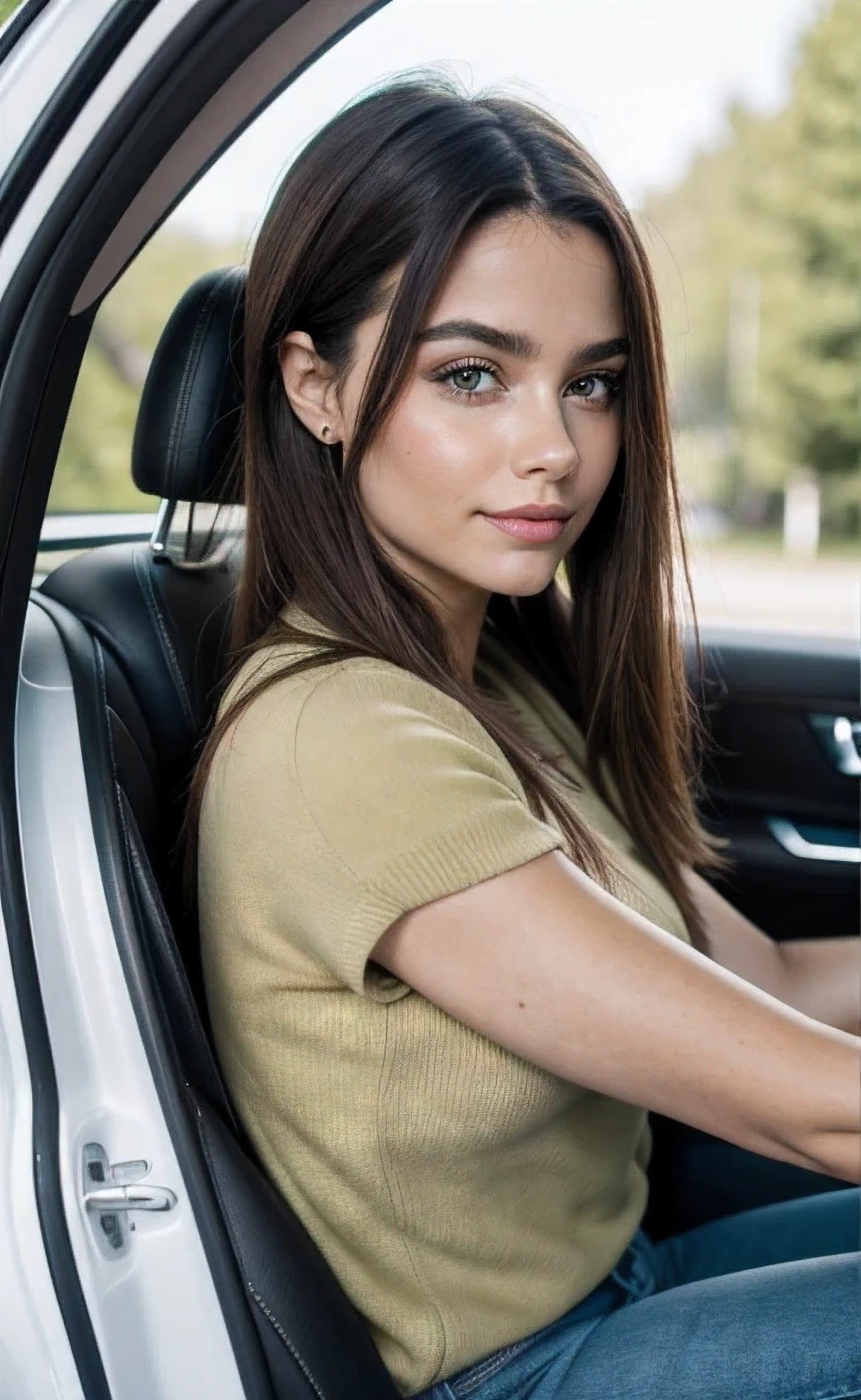 alta calidad,foto del coche el instagram, parte superior del cuerpo, A beautiful 18 year old woman.., con tapa, tetona, leve sonrisa, cara y ojos detallados, natural lighting, En casa, Pelo largo y rubio, Bajo contraste, rostro natural, pecas, for the chestnut, ojos verdes, retrato: 1.1, 8K,4k
