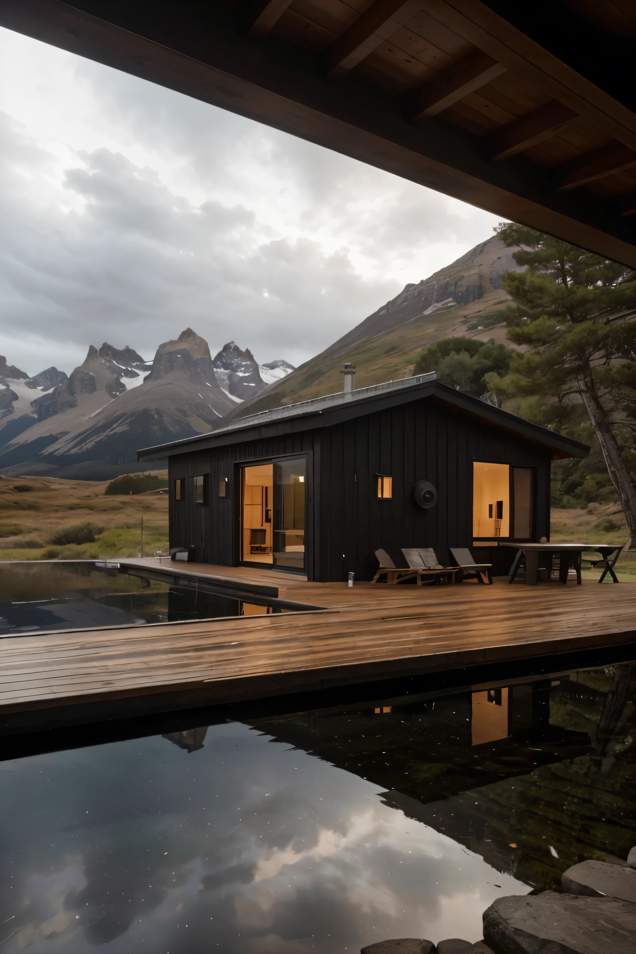 A super realistic editorial photo
of a cabin, entirely covered with black painted Wooden planks, symmetrical and of contemporary architecture
located in Patagonia, on the side of a hill and facing a large lake
the photo was taken with a 150mm lens on a canon 5d mark 4
on a cloudy day, and in the cabin warm lights lit inside.