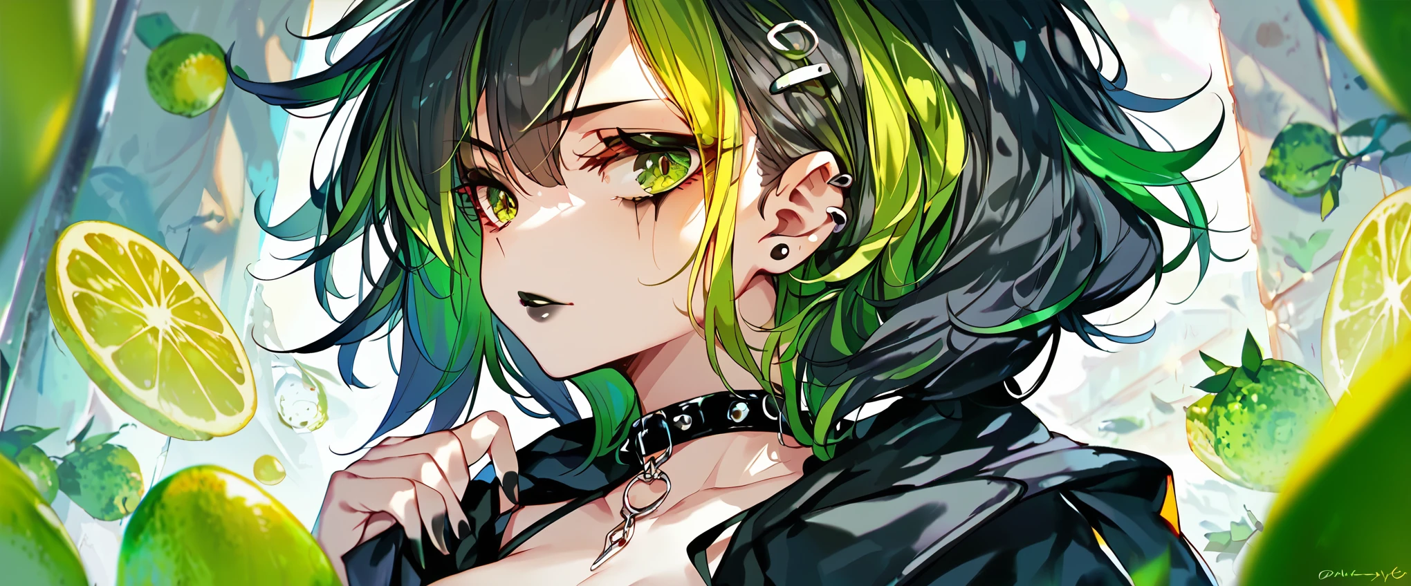 score_9, score_8_up, score_7_up,  1girl, punk, goth, black hair with green highlights, cat eye makeup, lime green eyes, black lipstick, medium perky breasts, face piercings, anime style