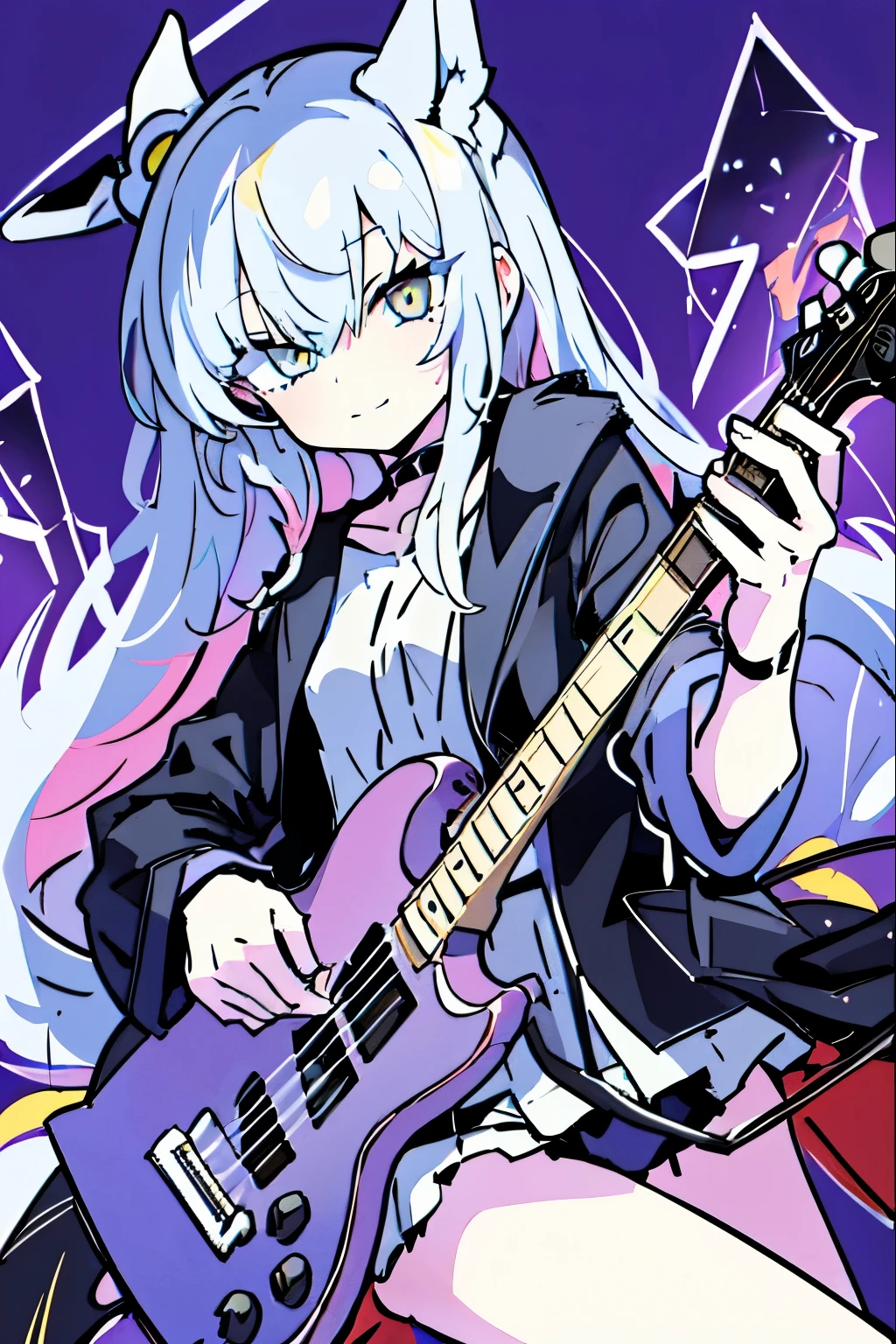 ((masutepiece)), ((Best Quality)), (Ultra-detailed), Anime style, Live performance venue, Cute s, 1girl in, Solo, Playing the guitar 00, ((Beautiful eyes))0, Smile,(((yellow eyes))),