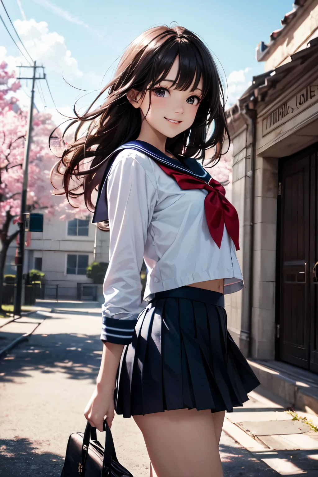 very cute and beautiful girl,(highly detailed beautiful face),
sailor ,long sleeve,(navy blue pleated mini skirt),cowboy shot,
(smile),happy,looking at viewer,black hair,school entrance with stone gate,cherry blossom,
(best quality,masterpiece:1.0),absurdres,highres,ultra-detailed,extremely detailed,32k,8k resolution,
intricate details,cinematic scene,detailed background,solo,dynamic angle,
natural lighting,hair fluttering in the wind,beautiful detailed sky,