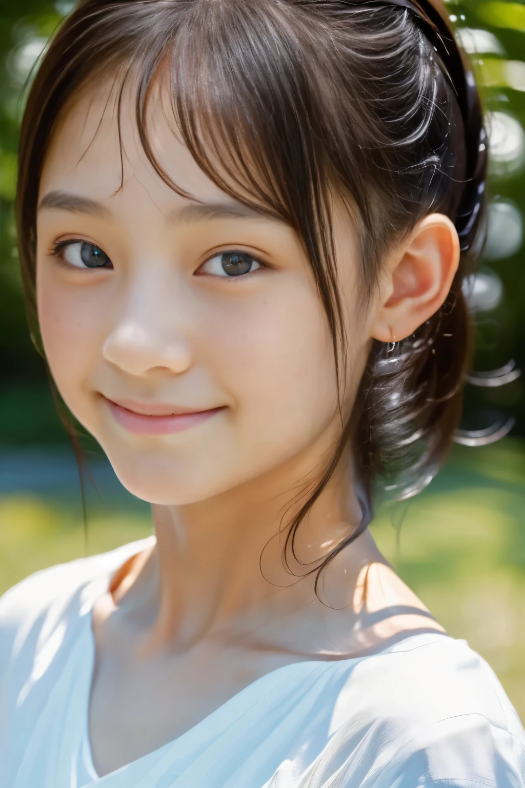 (highest quality, masterpiece), (beautiful 12 year old japanese girl), (freckles:0.6), soft light, ponytail, detailed eyes, black eyes