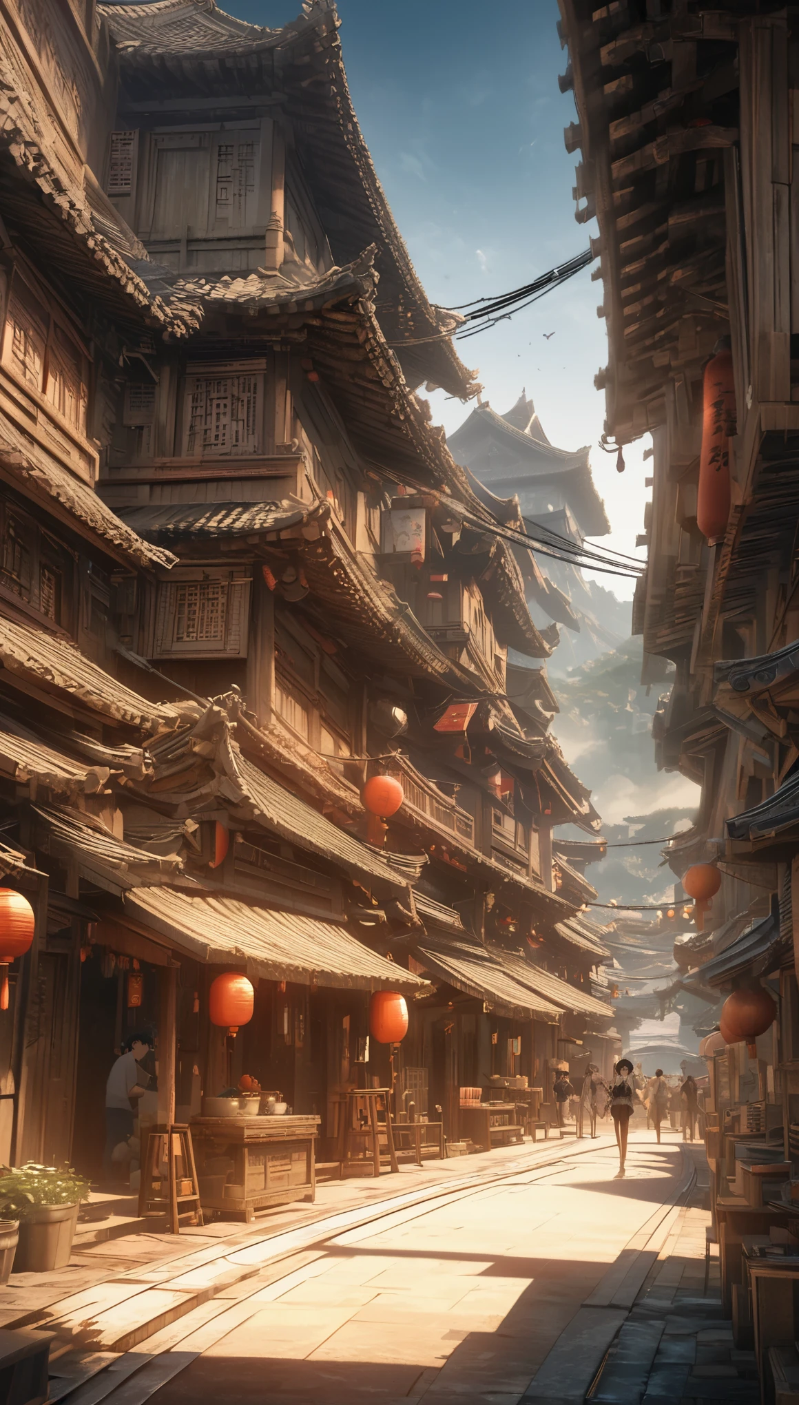 2D picture，comic style，Makoto Shinkai animation style，Makoto Shinkai animation film art style，Ultra wide angle viewing angle，Chinese style，A town with beautiful landscapes，Vision，Super fine，Super detailed，high quality，8K ，oc rendering，dynamic perspective，Super real，Super realistic