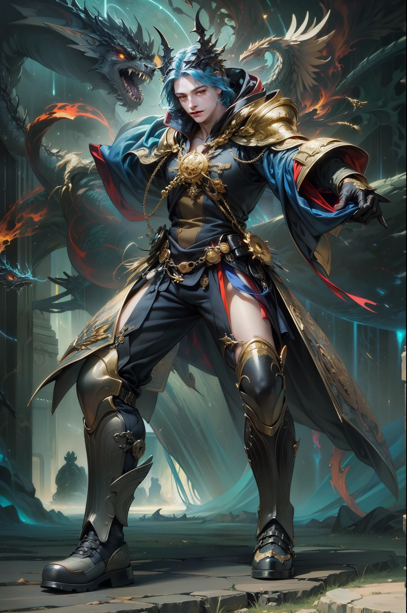 (masterpiece, top quality, best quality, official art, beautiful and aesthetic:1.2), (1boy), extreme detailed eyes, (fractal art:1.3), colorful, highest detailed, (perfect face), shiny skin, HDR, (black cloak golden lines:1.2), galaxy, (light streaks), striking visuals, (dynamic streaks, luminous trails:1.2), vibrant colors, (phoenix), (dragon)