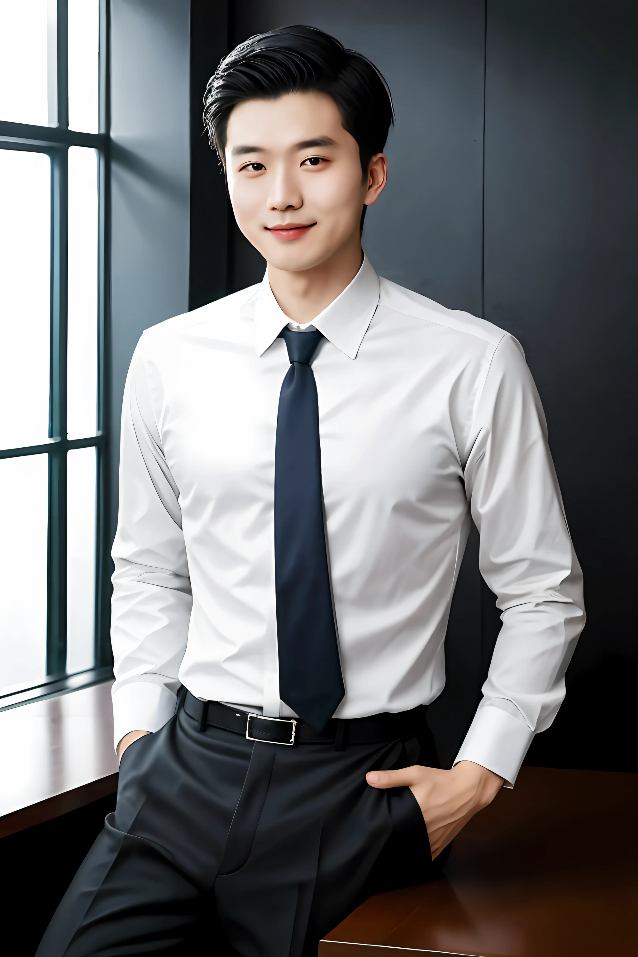 Zhang Qiang, 30 age old, project manager。He wears a dark suit, Wear yours with a white shirt and dark tie。His hairstyle is neat, The face is clean and clean, The eyes reveal wisdom and confidence。He smiled and looked into the camera, It gives a professional and competent temperament, hyper HD, Masterpiece, Textured skin, High quality, A high resolution, Best quality, High details