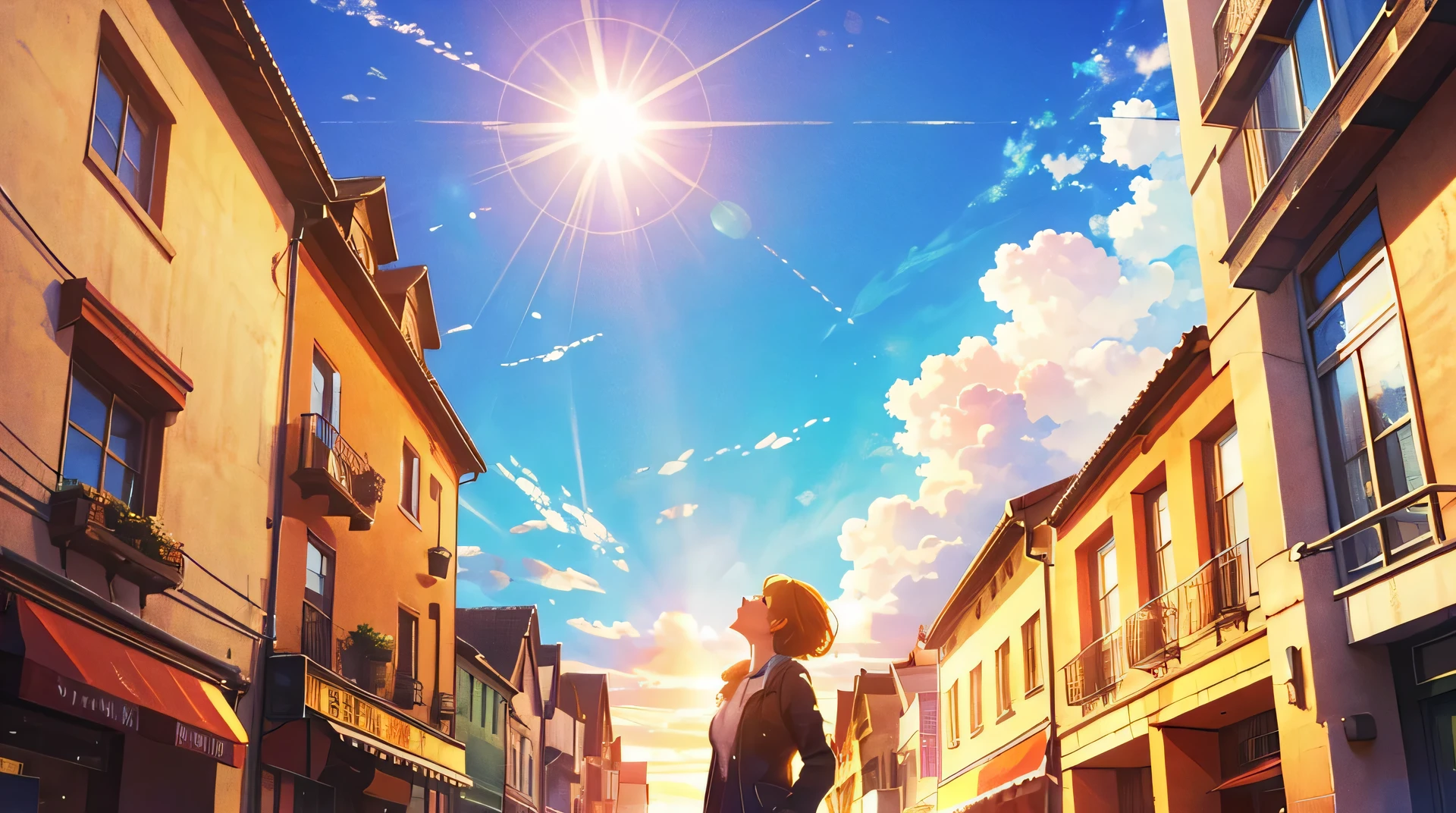 high resolution,high quality,High definition,Warm sunshine,woman wearing ,looking up at the sky,daytime,In town