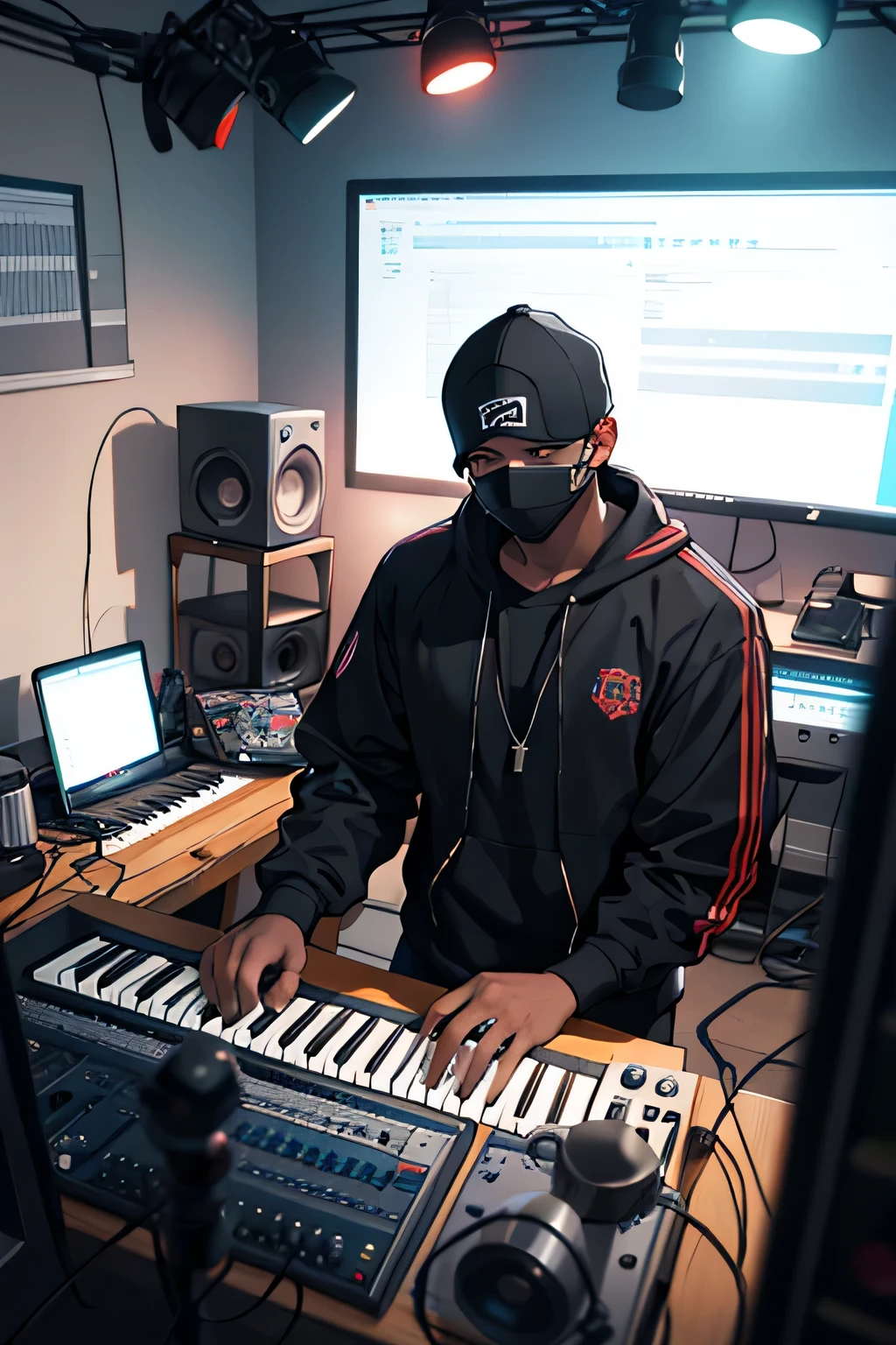 A black male teen  with a black unhappy mask in a music bedroom studio 