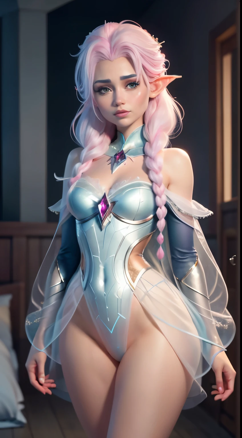 Elfgirl (rose quartz waifu SU-Elsa waifu frozen Disney merging models.) (ultra FUSION of white and pink hair) (small tits) Highly detailed CG unity 8k wallpaper, style shot, complex, high detail, dramatic, highest quality movie still image, very detailed, masterpiece, best quality, character design, Elsa, Elsa from Frozen, Fusion Pink Diamond ((Dark style)), realistic ultra-detailed rendering style, natural light, sharp character design, (hard focus, 8k), (((natural skin texture))), 8k textures, soft cinematic lighting, adobe lightroom, dark room, hdr, Sophisticated, Elegant, Rich Detail, Sharp Focuilm Look))), Soothing Tones, Detail Frenzy, Intricate Detail, Super Detail, Low Contrast, Soft Film Lighting, Dull Colors, Exposure Blending, HDR, Fade, 35mm, f/1.4, ISO64, f16, 25 sec.