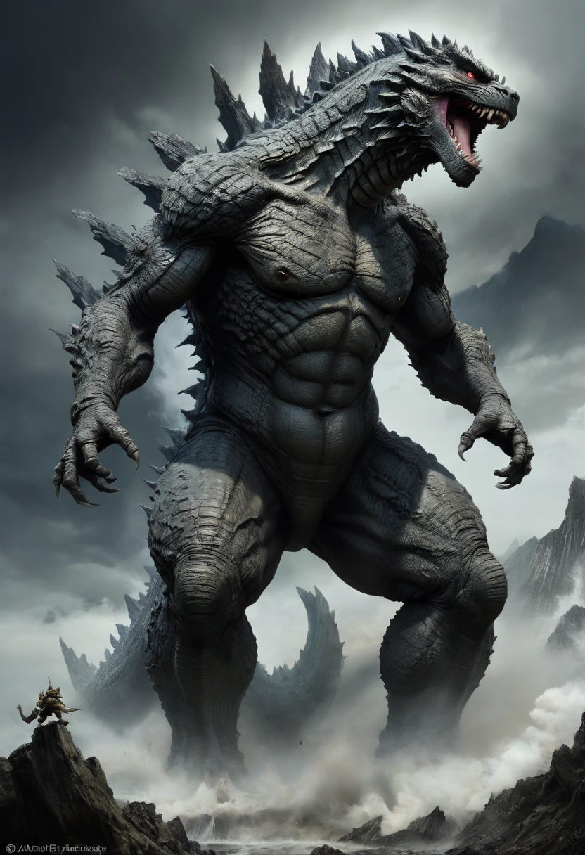 Giant Godzilla, by Andy_Lee and Alan_Lee, (masterpiece, best quality, perfect composition, very aesthetic, absurdres, ultra-detailed, intricate details, Professional, official art, Representative work:1.3)