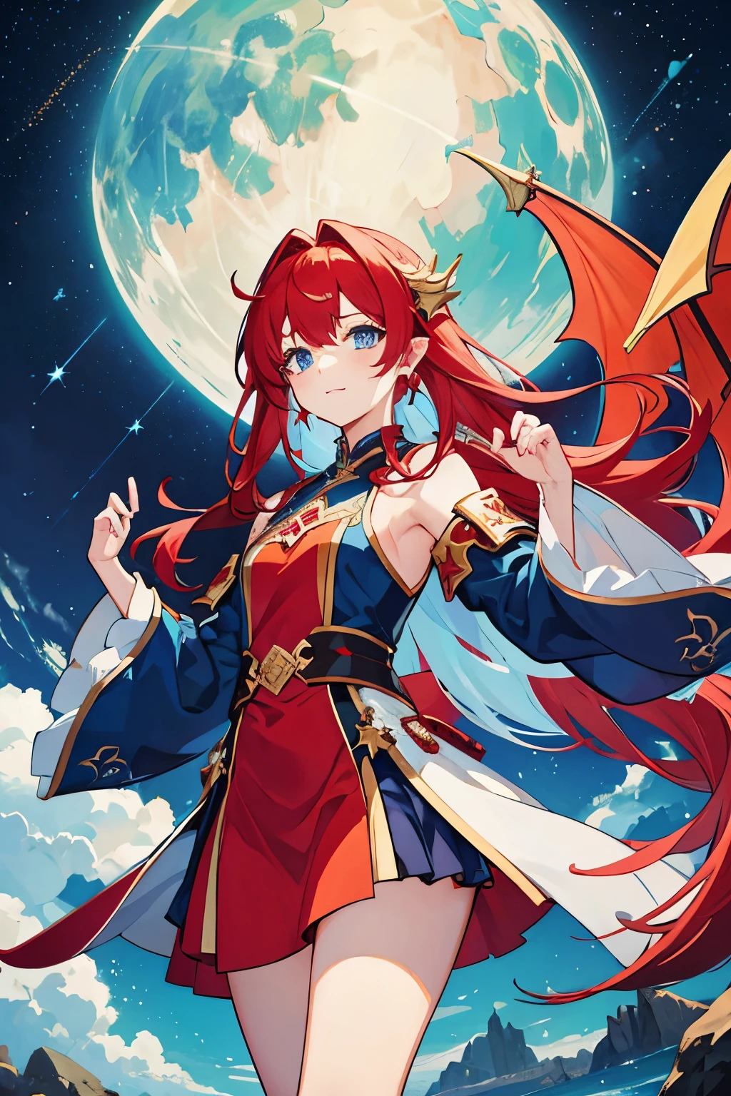 starry sky　fantasy　streamlined　red hair　Deep blue accessories　narrow eyes　cute　ride a dragon　high sky