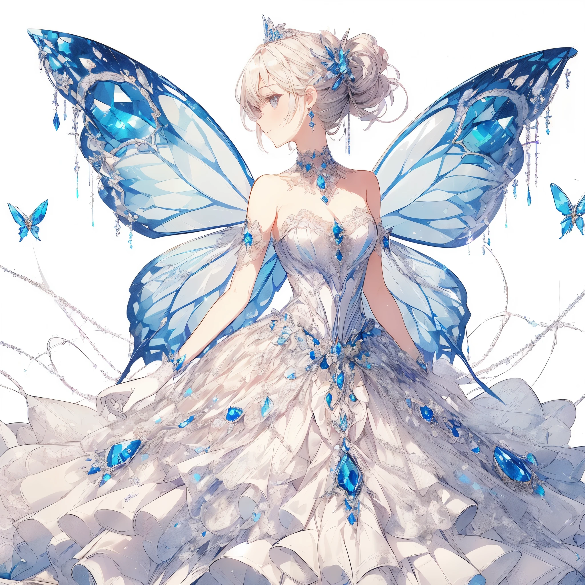 (exquisite, beautiful, very detailed, masterpiece, high quality, confused, High resolution, Full HD, 16k),Transparent illustration),(Interior of a baroque castle,indoor),A fairy with sapphire-colored butterfly-like wings.,(((Sapphire motif ball gown dress,Decorated with white lace, sapphire and frills))),(fairy princess),(blur the background a little),(sapphire tiara,sapphire choker,sapphire earrings),((long white gloves with lace decoration)),(small head,wavy hair)),plump plump lips, shiny appearance,Fair skin, slim,soft edge, soft lines, highly saturated colors, bright colors, Sapphire Gemstones,Blue rose,Blue petals,pastel colour