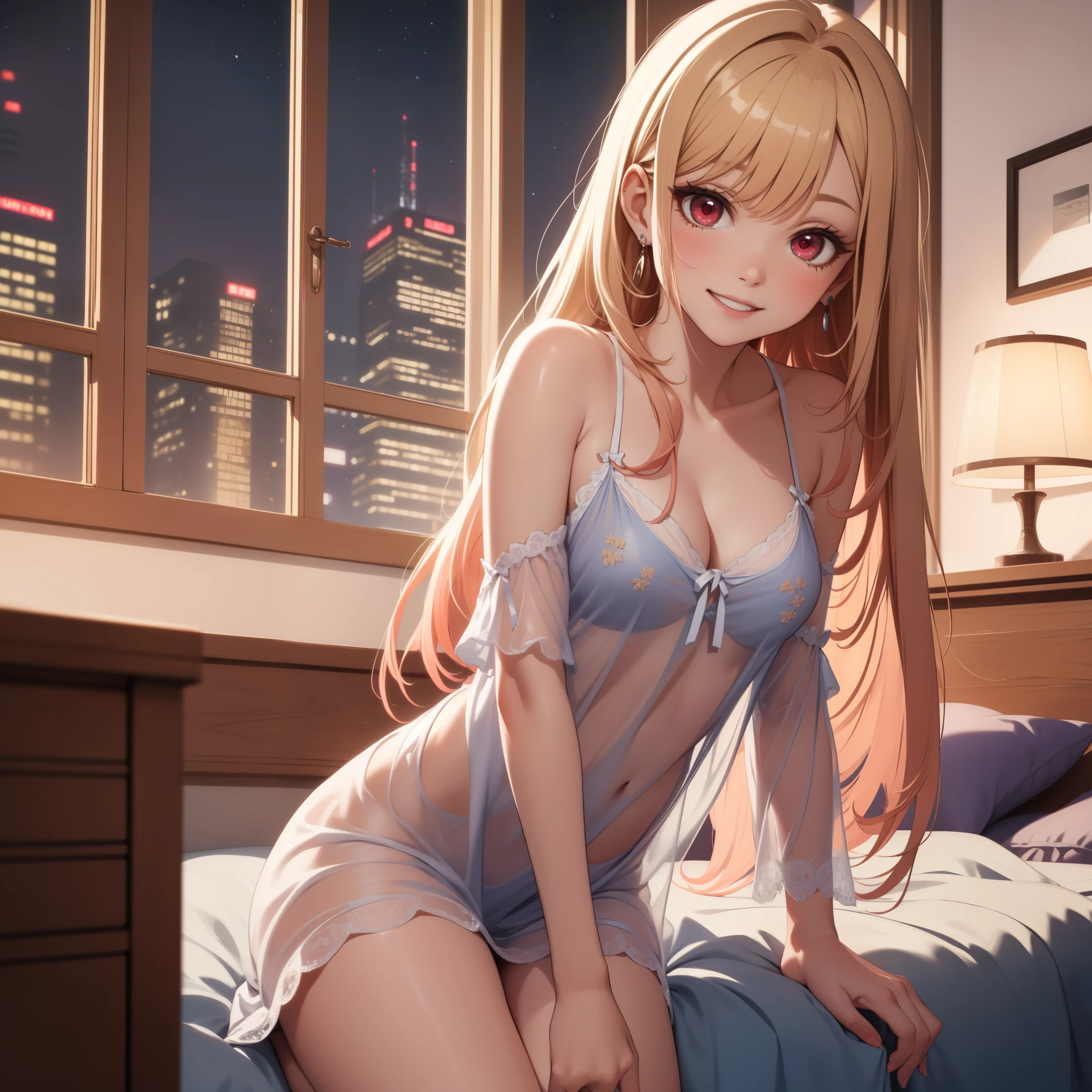 Absurd resolution, high resolution , high quality, (masterpiece:1.4), ultra-detailed ,super detailed skin, (((Solo))), 1girl in, Red Eyes, medium breasts, Long hair, a blond, Straight hair, Bangs, earrings, cleavage, (see-through nightgown:1.5), light smile, bedroom