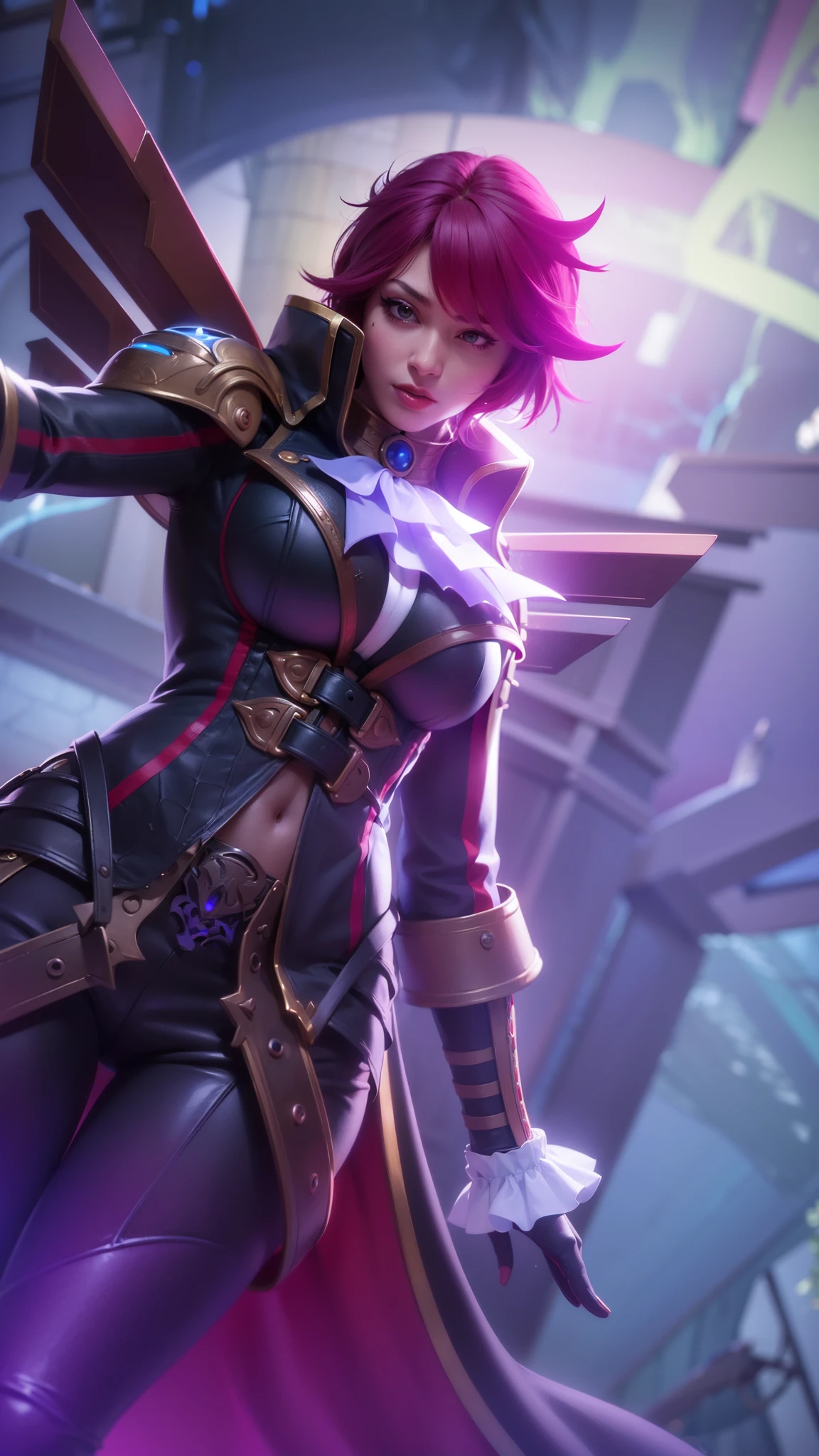 (female:1.2), 8k, ultra hd, ultra detailed texture, hyper realistic, masterpiece, detailed texture, detailed face, detailed skin, detailed lighting, (photorealistic:1.5), best quality, beautiful lighting, cinematic lighting, professional lighting, ultra highres, realistic, detailed hair, real hair, high quality, (realskin:1.5), extremely detailed, finely detail, ultra-detailed, 1girl, solo, floating, (red eyes), glowing eyes, red lips, v-shapped eyes, closed mouth, angry, colored skin, dark skin, purple skin, nose, pretty, beautiful, make up, evil smile, short hair, red hair bangs, large , thigh, pauldrons, black pants, belt, purple coat, mechanical wings, armor shoulder, gloves, eudora \(mobile legends\), depth of field, looking aways, skin tight, amazing pose, glowing electric, lighting, cinematic background