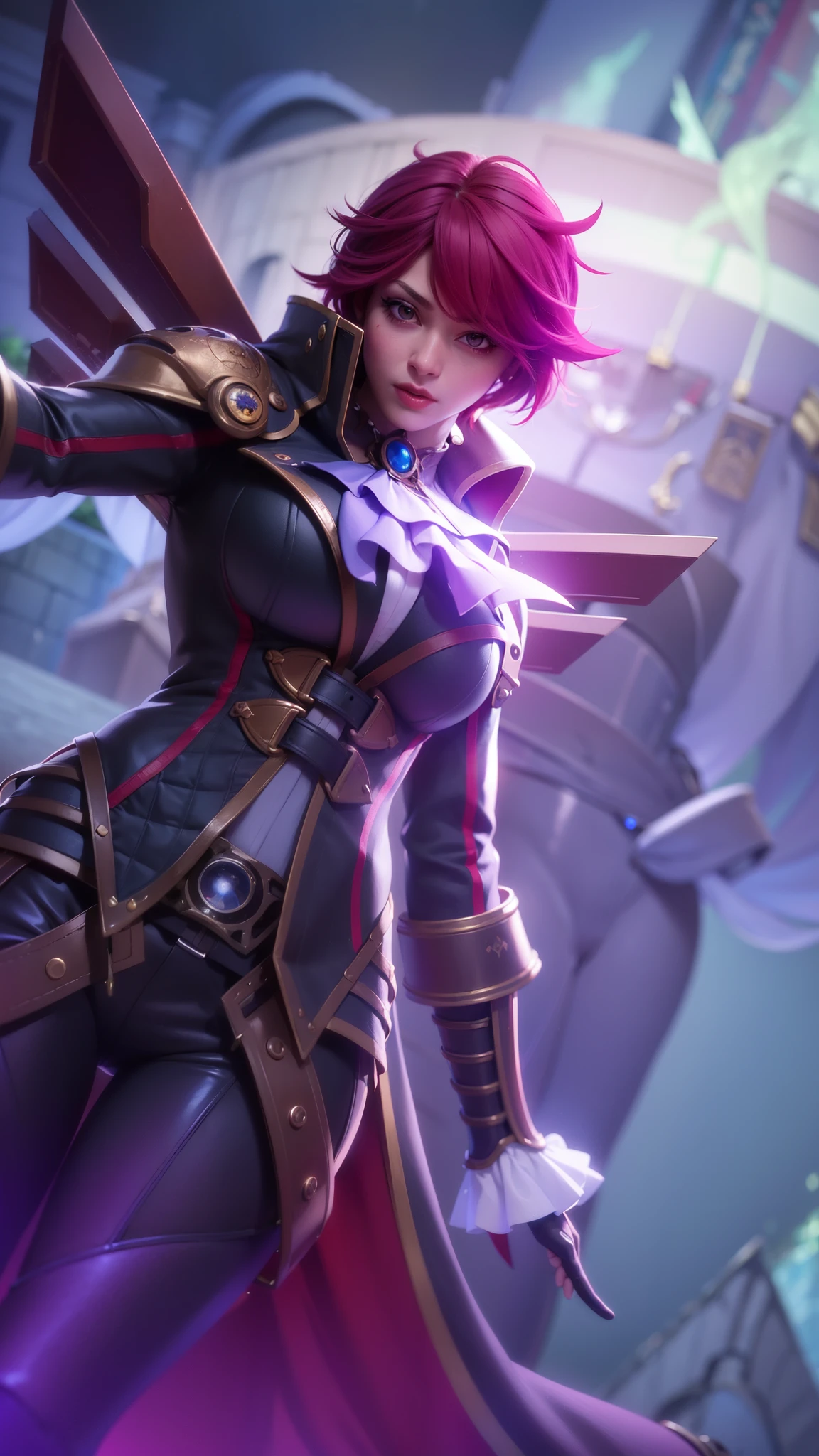 (female:1.2), 8k, ultra hd, ultra detailed texture, hyper realistic, masterpiece, detailed texture, detailed face, detailed skin, detailed lighting, (photorealistic:1.5), best quality, beautiful lighting, cinematic lighting, professional lighting, ultra highres, realistic, detailed hair, real hair, high quality, (realskin:1.5), extremely detailed, finely detail, ultra-detailed, 1girl, solo, floating, (red eyes), glowing eyes, red lips, v-shapped eyes, closed mouth, angry, colored skin, dark skin, purple skin, nose, pretty, beautiful, make up, evil smile, short hair, red hair bangs, large breasts, thigh, pauldrons, black pants, belt, purple coat, mechanical wings, armor shoulder, gloves, eudora \(mobile legends\), depth of field, looking aways, skin tight, amazing pose, glowing electric, lighting, cinematic background