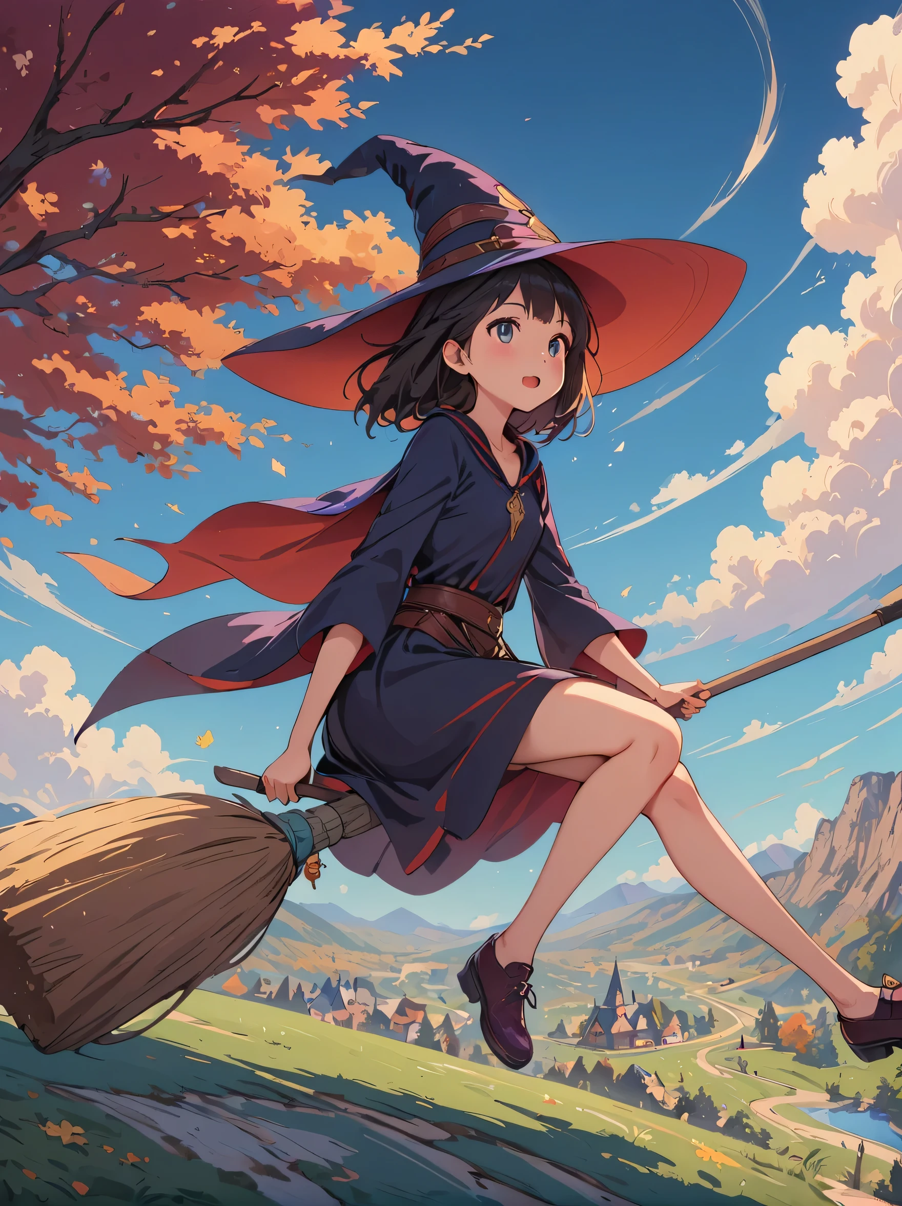 1 girl,Kiki,witch delivery service,perfect face,cute, ((((flying witch))),((Ride a broom)),broom flight,Straddling the broom,anatomically correct,(masterpiece, highest quality:1.2),masterpiece,highest quality,best masterpiece,8K,,Wind,fantasy,,wonderful,, Mysterious, charm, Whimsical, playful, adventurous, free, wonder, imagine, decide, skill, speed, movement, energy, realism, naturalistic, figurative, represent, beauty, fantasy culture, myth, fairy tale, folklore, Legend, witch, wizard, Magical creatures, fantasy worlds, composition, scale, Zenikichi, midway point, background, perspective, light, color, texture, get used to it, beauty, wonder.