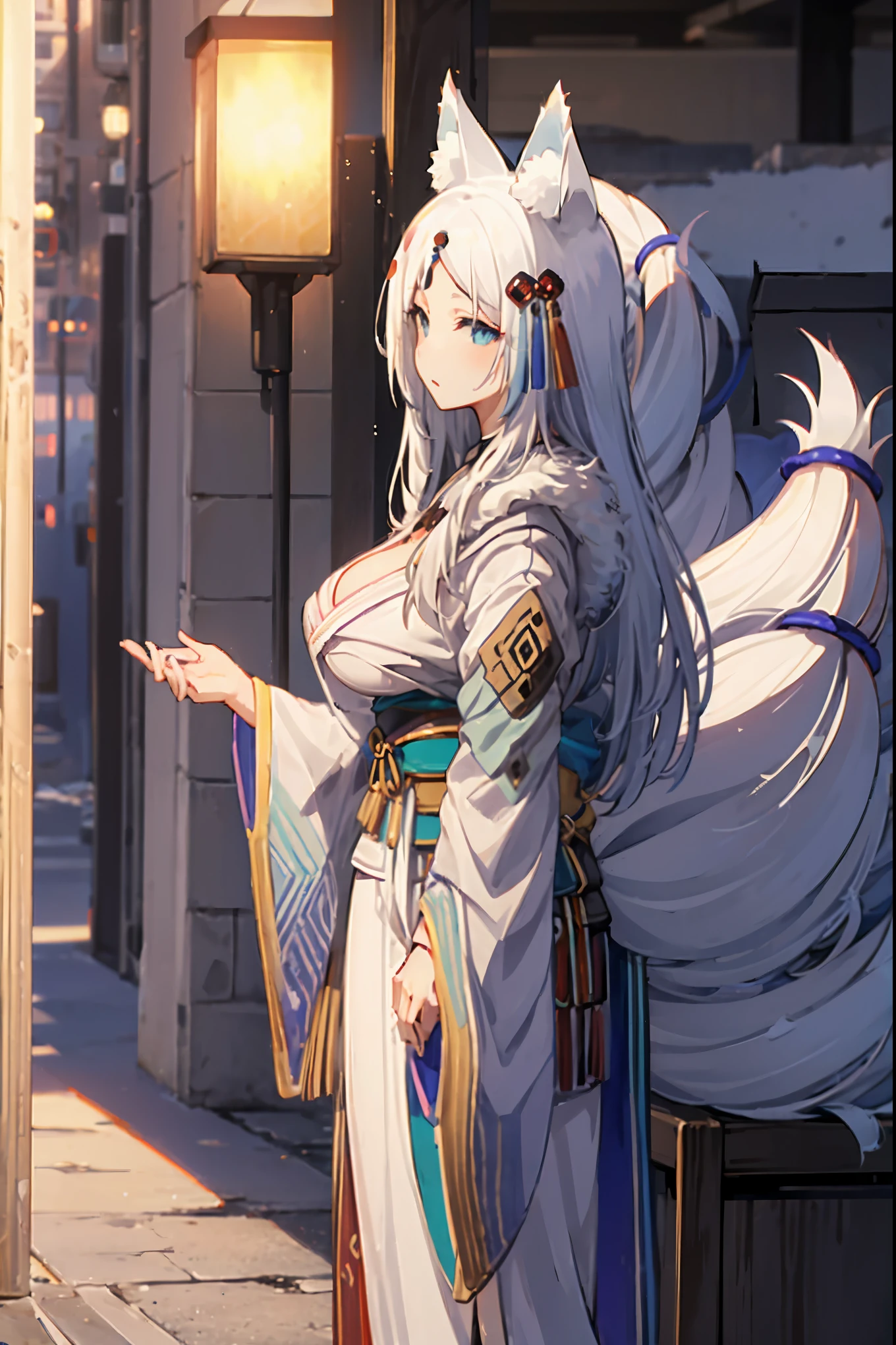 kimono、Oiran、long hair、white hair、fox tail、fox ears、白色のkimono、big breasts、Bewitching、Kyuubi、九つのfox tail、white tail、White ears、light blue eyes