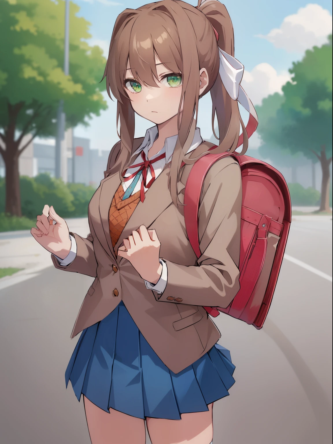 2d, masterpiece, best quality, anime, highly detailed, 1girl, solo, monika, green eyes, brown hair,very long hair, ponytail,white hair ribbon , blazer, brown sweater, collared shirt, neck ribbon, blue skirt, wearing randoseru backpack, (randoseru backpack:1.0), school backpack, standing, outdoor, day
