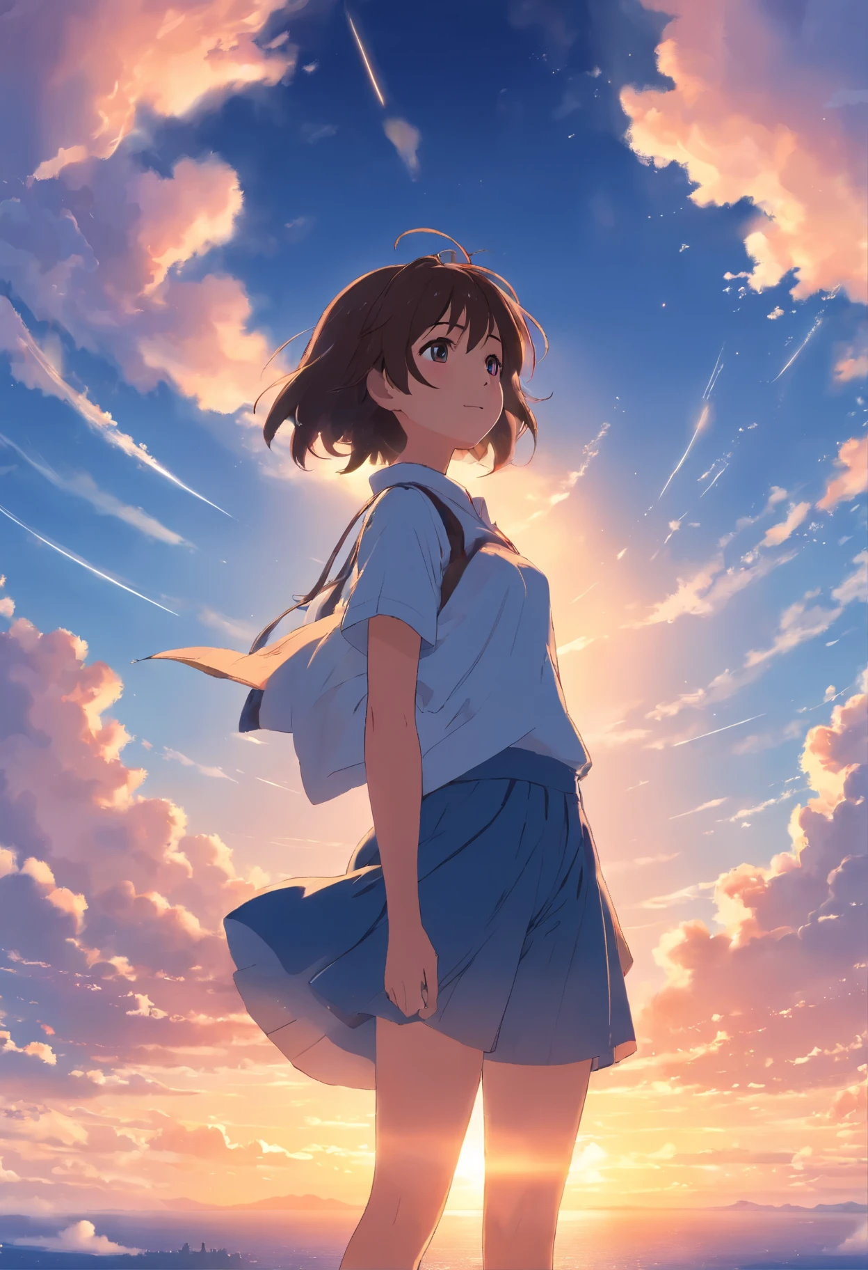 beautiful girl、nice companion、extraordinary beauty、masterpiece、highest quality、movie stills、1 girl、Cloud Girl、floating in the sky、Close-up、shine、happiness、warm and soft lighting、sunset、(spark:0.7)