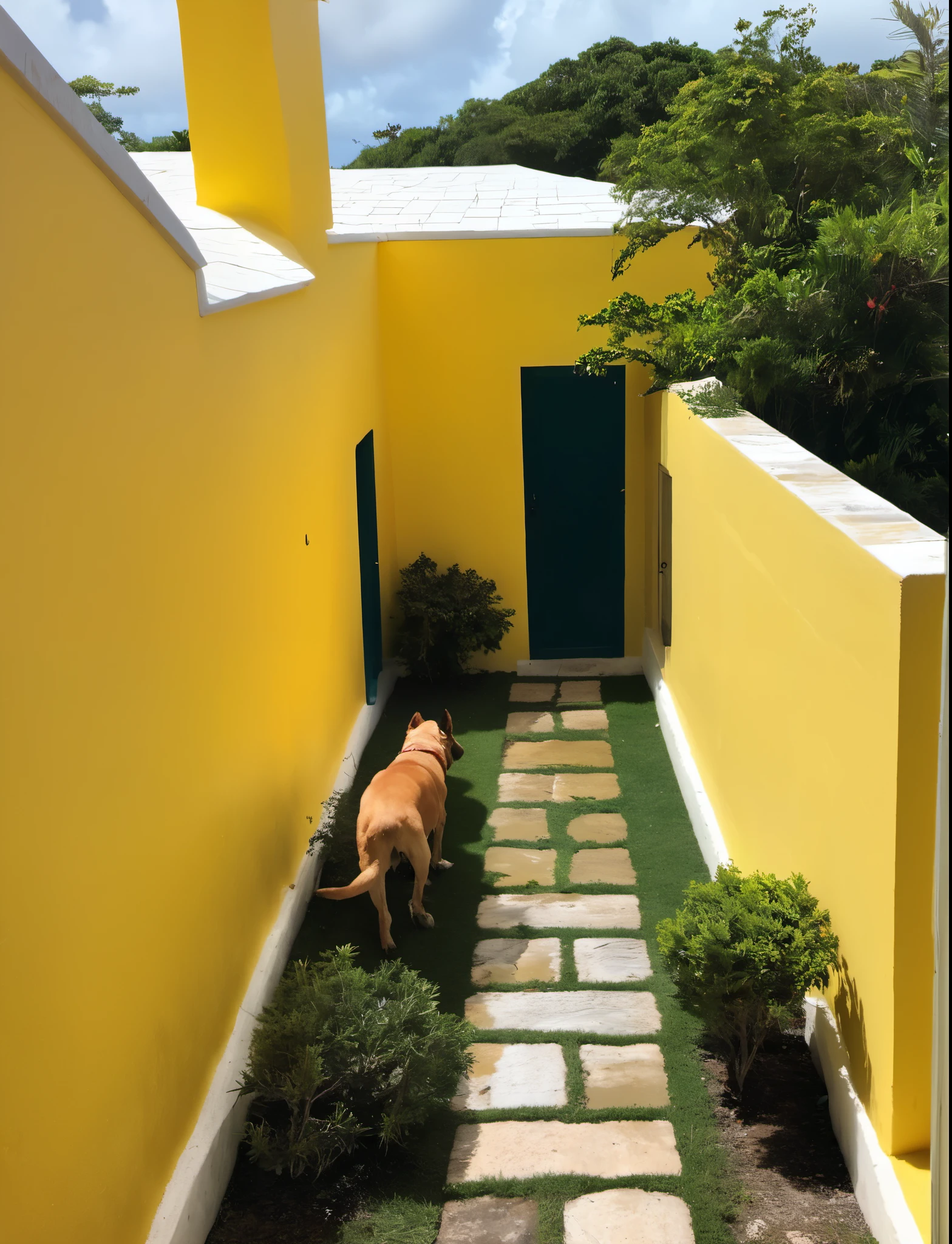 Back yard of a private home in Bermuda, yellow walls with a white limestone slate roof. Dog poop in the yard.