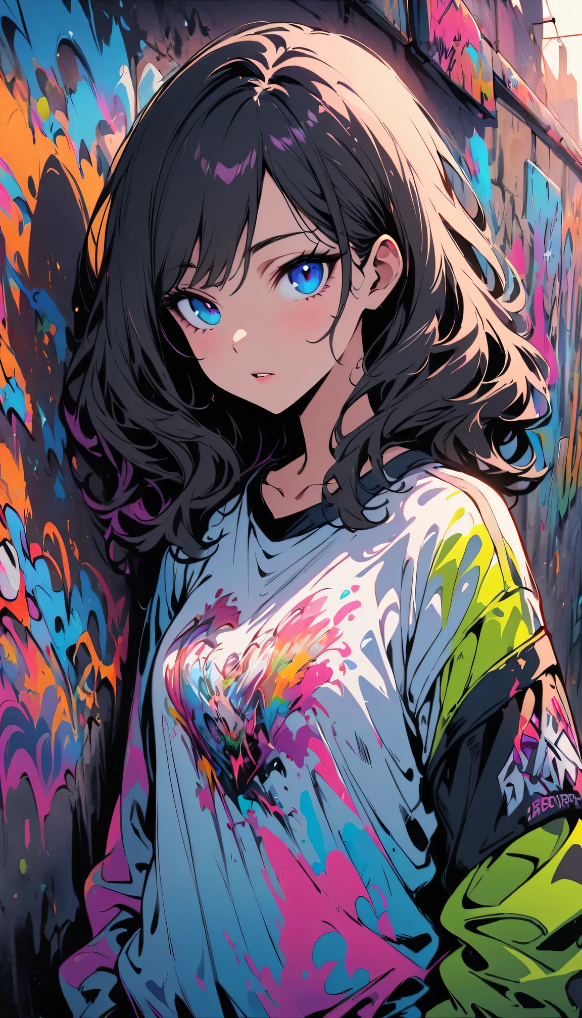 (best quality), masterpiece, Extremely detailed CG8K illustrations, high color, extremely high color saturation, All colors deepen, draw, Graffiti Art, central composition, Extremely detailed light and shadow, graffiti wall, wall drawed bright, Graffiti, 1 girl looking at the wall, The face and eyes are very detailed, medium length hair, sportswear, colorful clouds