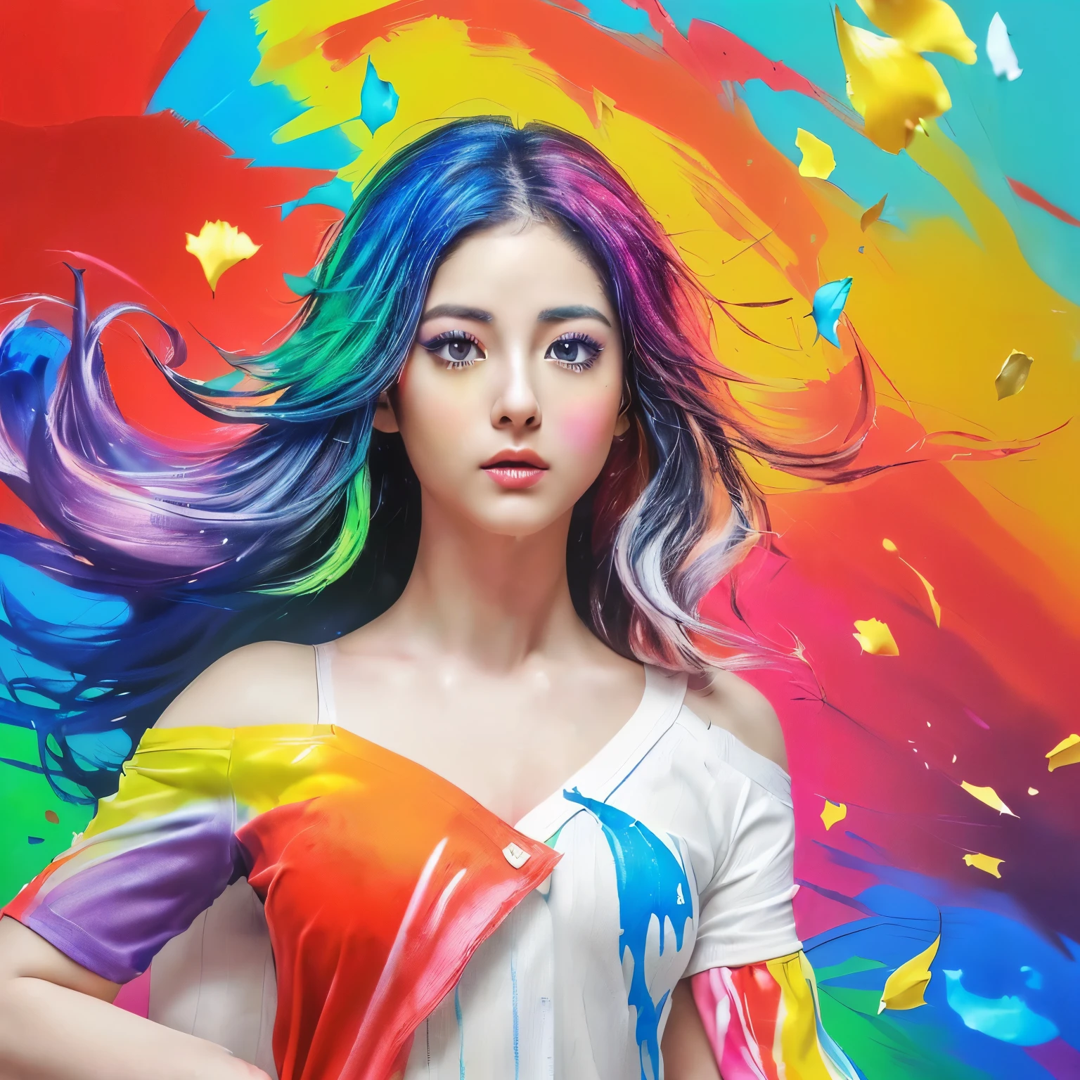 （pink fashion t-shirt：1.9），(colorfulな髪: 1.8), (all the colors of the rainbow: 1.8),(((((vertical painting：1.6))), （painting：1.6），front, comics, figures, paintings, Big eyes, clear eyes,（ Rainbow color gradation high ponytail：1.7）, exquisite makeup, closed mouth,(small fresh: 1.5),(wipe chest: 1.6) ，long eyelashes, white off shoulder t-shirt,  white shoulder shirt，looking at the audience, big teary eyes, (rainbow colored hair：1.6), カラーsplash, （alone：1.8）, カラーsplash, explosion of colors, thick paint style, messy lines, ((shining))，(colorful), (colorful), (colorful), colorful, Thick paint Style, (splash) (Color splash), Vertical painting, Upper body, paint splash, acrylic pigment, Slope, paint, best image quality, highest quality, masterpiece, alone, Depth of the bounds written, Face paint,  colorful clothes, (elegant: 1.2), nice,long hair, Wind, (elegant: 1.3), (petal: 1.4)，(((masterpiece))),(((highest quality))),((Super detailed)),(figure),(dynamic angle),((floating)),(paint),((messy hair)),(alone),(1 girl) , (((Detailed anima face))),((beautiful and detailed face)),collar,bare shoulders,gray hair, ((colorful hair)),((striped hair)),detailed and beautiful eyes,(Slope color eyes),(((colorful eyes))),(((colorful background))),(((high color saturation))),(((surrounded by colorful splashes))), 

