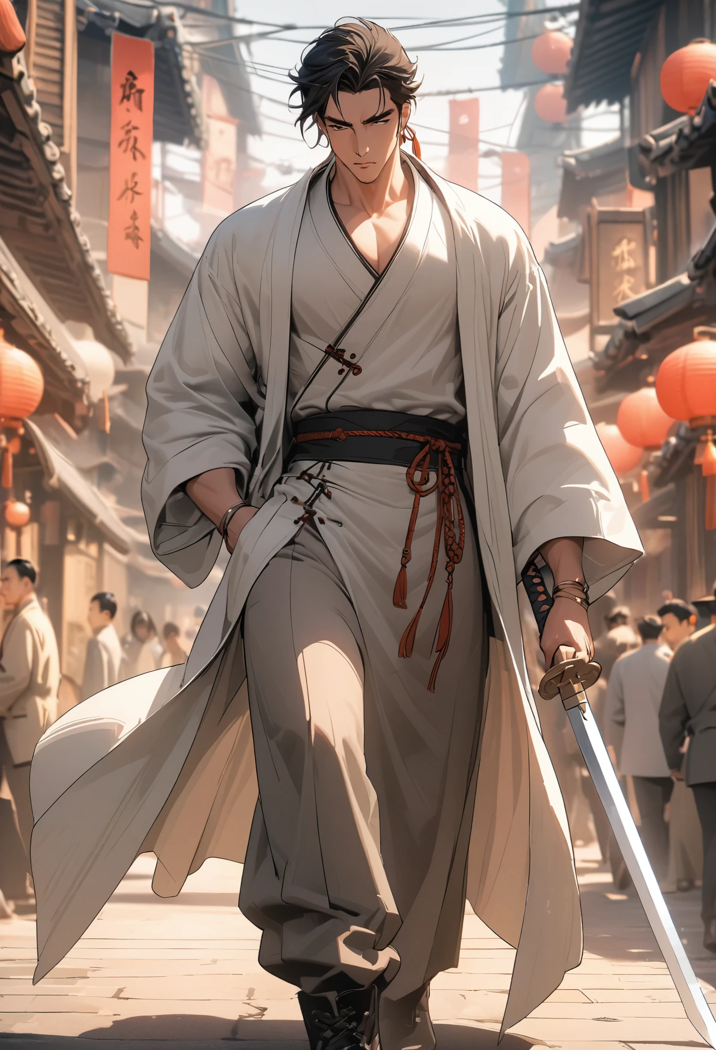 national style,Chinese swordsman,long sword,white robe,handsome,8k,masterpiece,