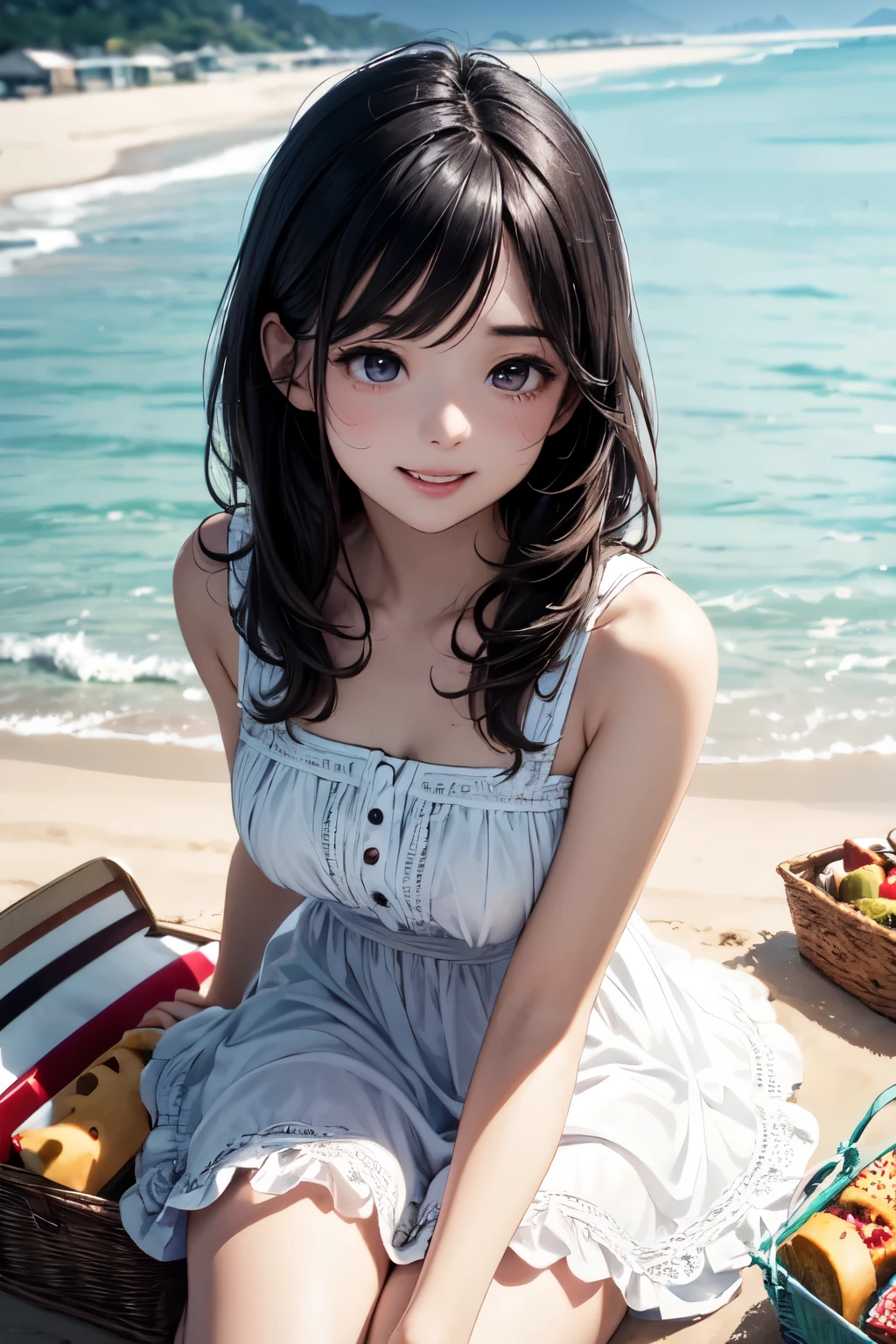 very cute and beautiful girl,white sun dress with detailed frills,(highly detailed beautiful face),
(laugh),black hair,sitting on picnic sheet,beach,picnic basket,sandwiches,(from above),
(best quality,masterpiece:1.0),absurdres,highres,ultra-detailed,extremely detailed,32k,8k resolution,
intricate details,cinematic scene,detailed background,solo,dynamic angle,
natural lighting,hair fluttering in the wind,beautiful detailed sky,